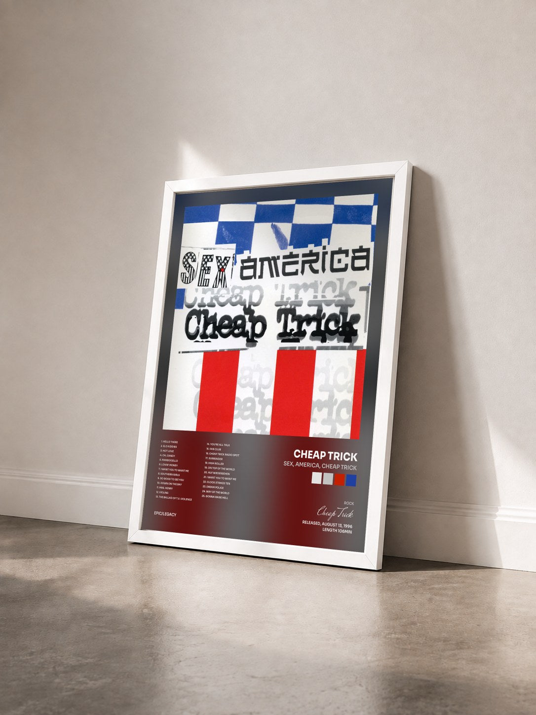 #blanc Tableau de l'album Sex, America, Cheap Trick de Cheap Trick vu de trois quarts, cadre blanc