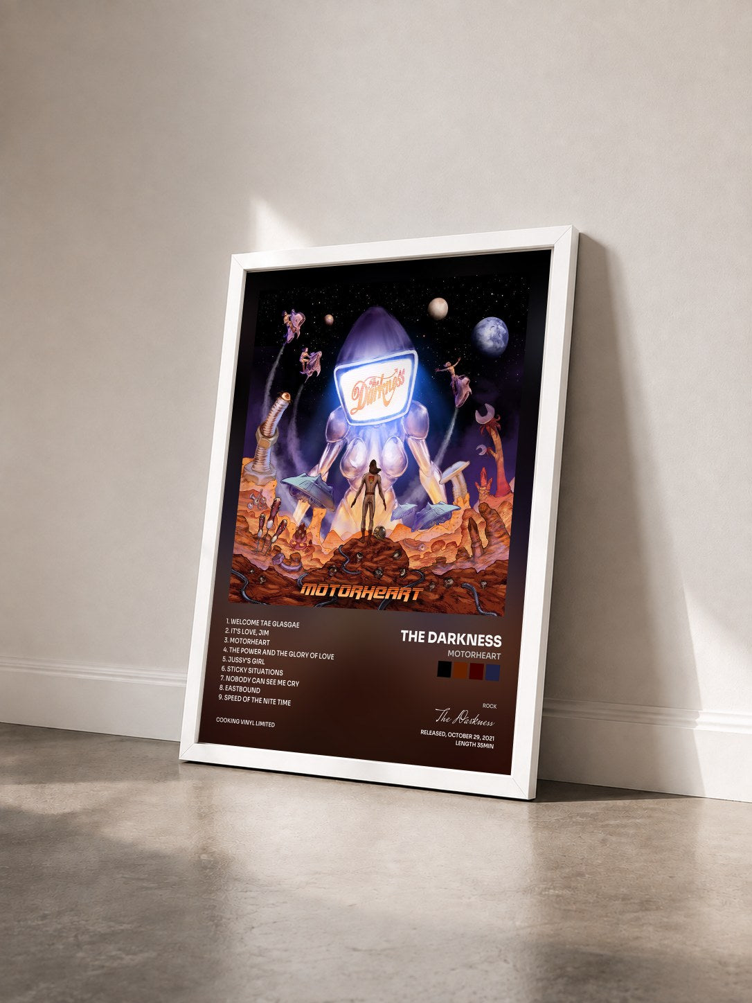 #blanc Tableau de l'album Motorheart de The Darkness vu de trois quarts, cadre blanc