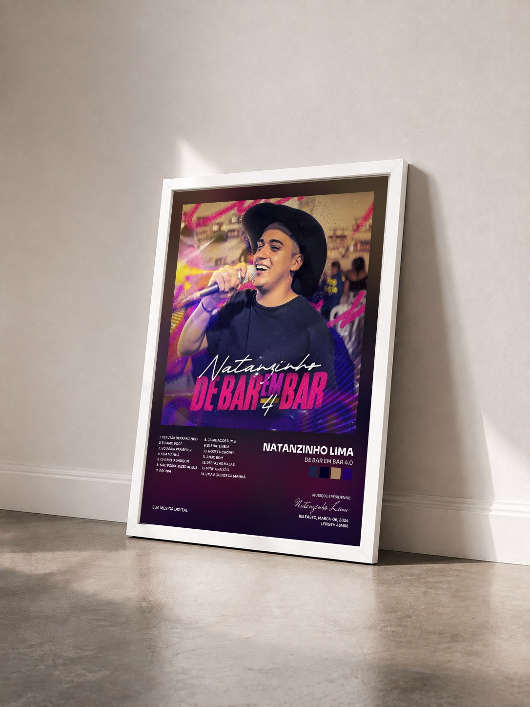 #blanc Tableau de l'album De Bar em Bar 4.0 de Natanzinho Lima vu de trois quarts, cadre blanc