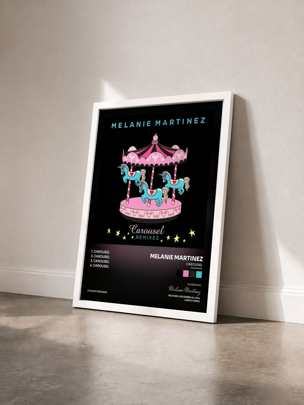 #blanc Tableau de l'album Carousel (The Remixes) de Melanie Martinez vu de trois quarts, cadre blanc