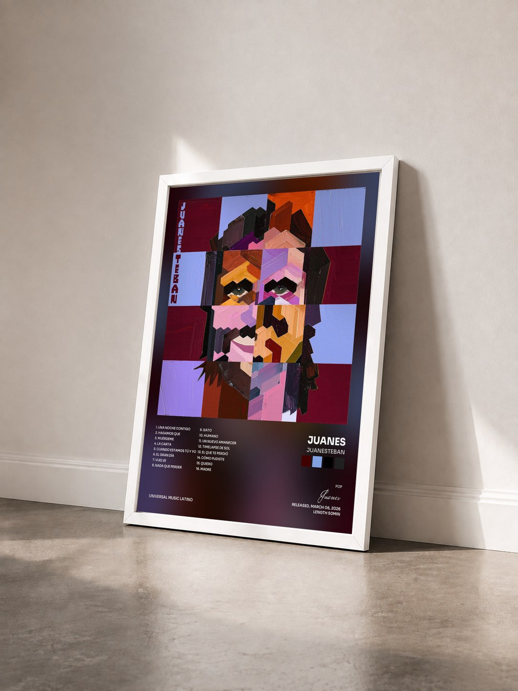 #blanc Tableau de l'album JuanesTeban de Juanes vu de trois quarts, cadre blanc