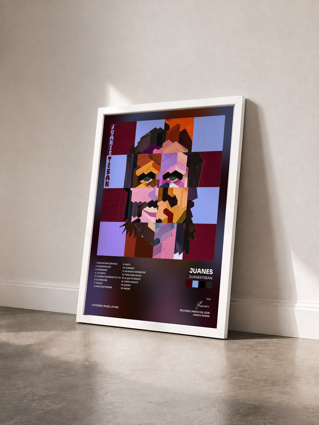 #blanc Tableau de l'album JuanesTeban de Juanes vu de trois quarts, cadre blanc