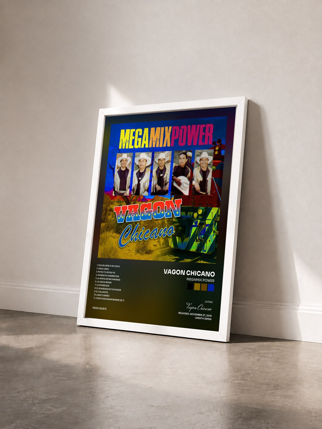 #blanc Tableau de l'album Megamix Power de Vagon Chicano vu de trois quarts, cadre blanc