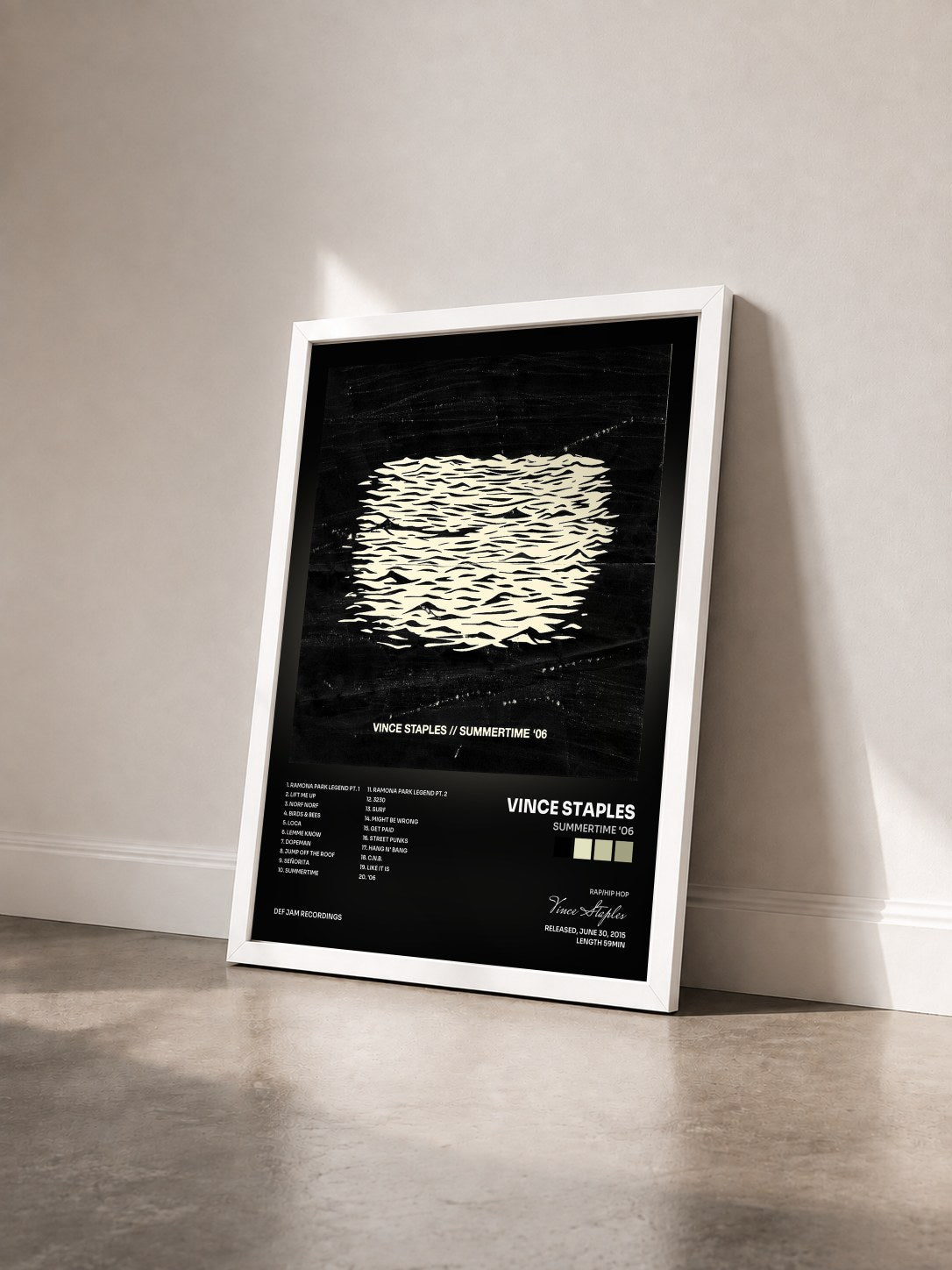 #blanc Tableau de l'album Summertime '06 de Vince Staples vu de trois quarts, cadre blanc