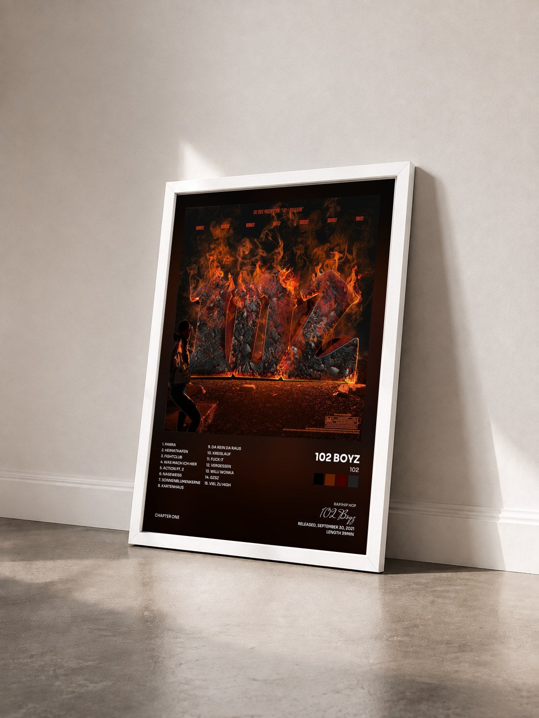 #blanc Tableau de l'album 102 de 102 Boyz vu de trois quarts, cadre blanc