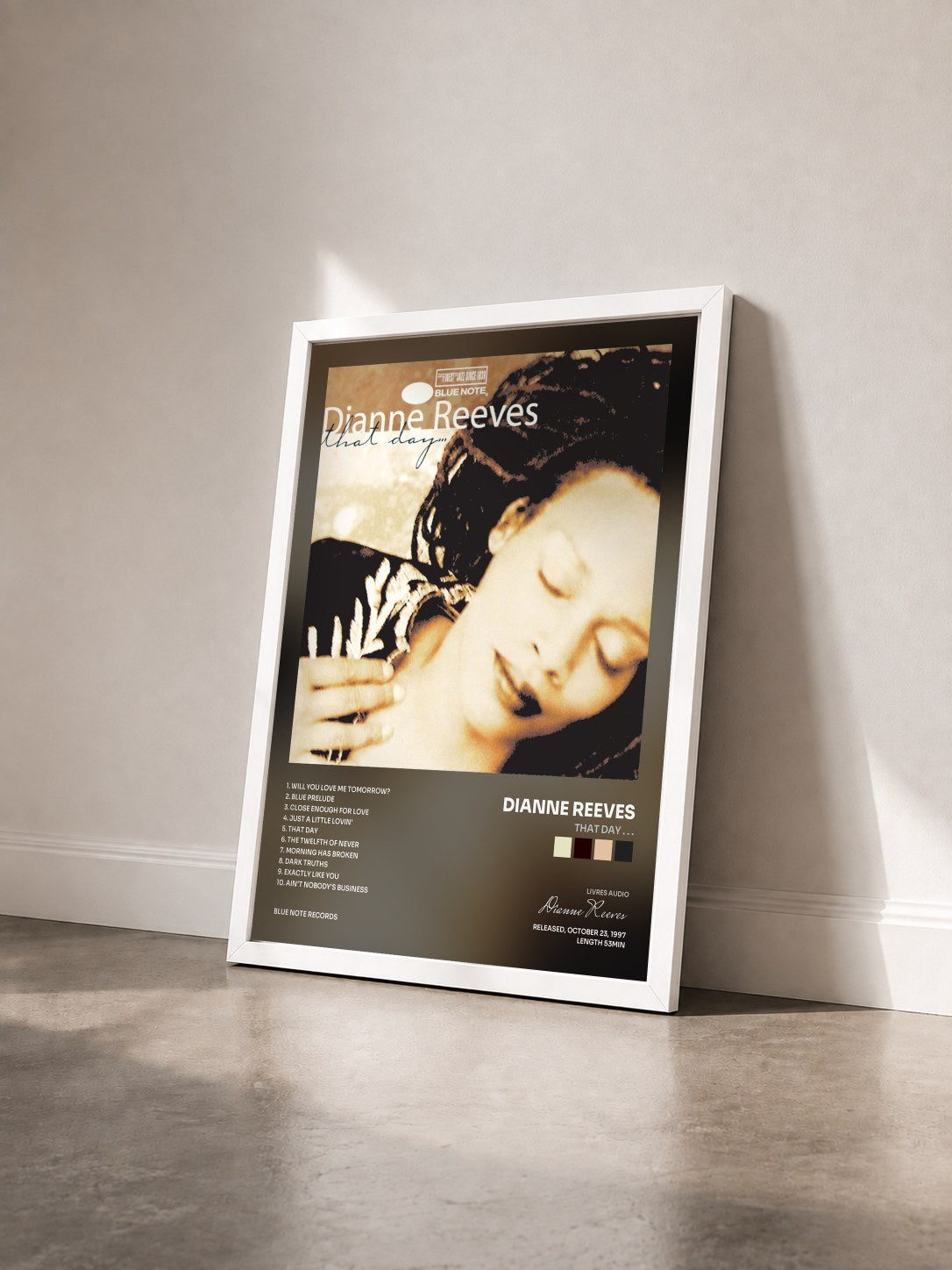 #blanc Tableau de l'album That Day . . . de Dianne Reeves vu de trois quarts, cadre blanc