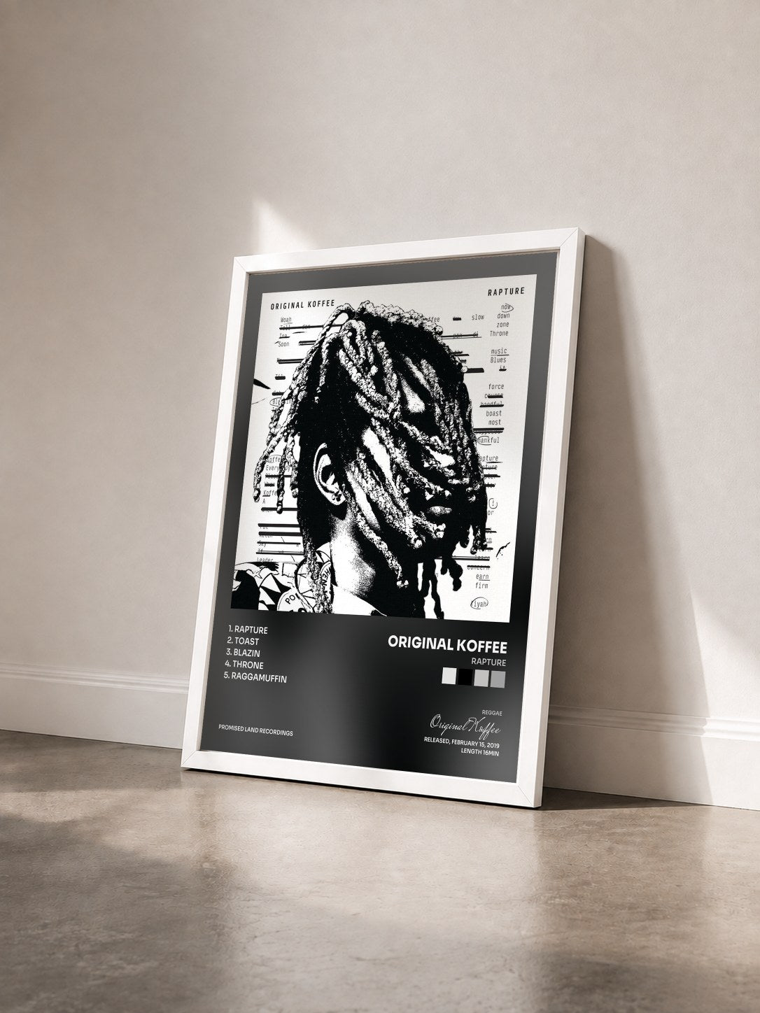 #blanc Tableau de l'album Rapture de Original Koffee vu de trois quarts, cadre blanc