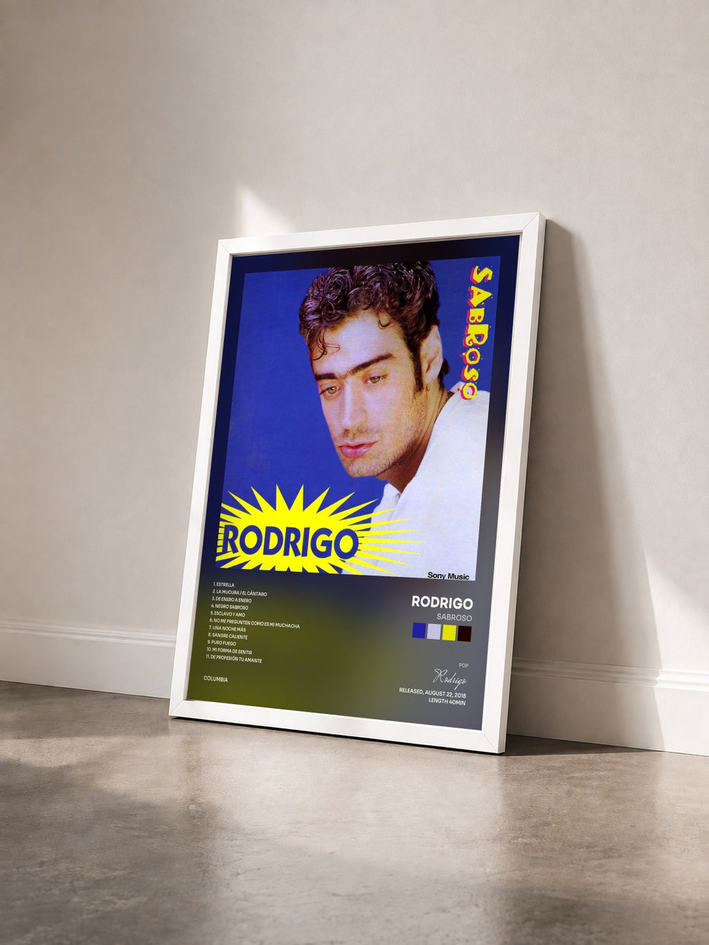 #blanc Sabroso by Rodrigo as a framed art print seen at an angle, white frame