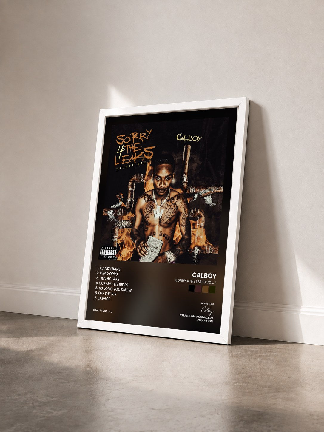 #blanc Tableau de l'album Sorry 4 The Leaks Vol. 1 de Calboy vu de trois quarts, cadre blanc