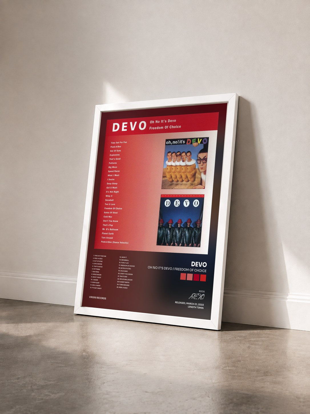 #blanc Tableau de l'album Oh No It's Devo / Freedom Of Choice de DEVO vu de trois quarts, cadre blanc