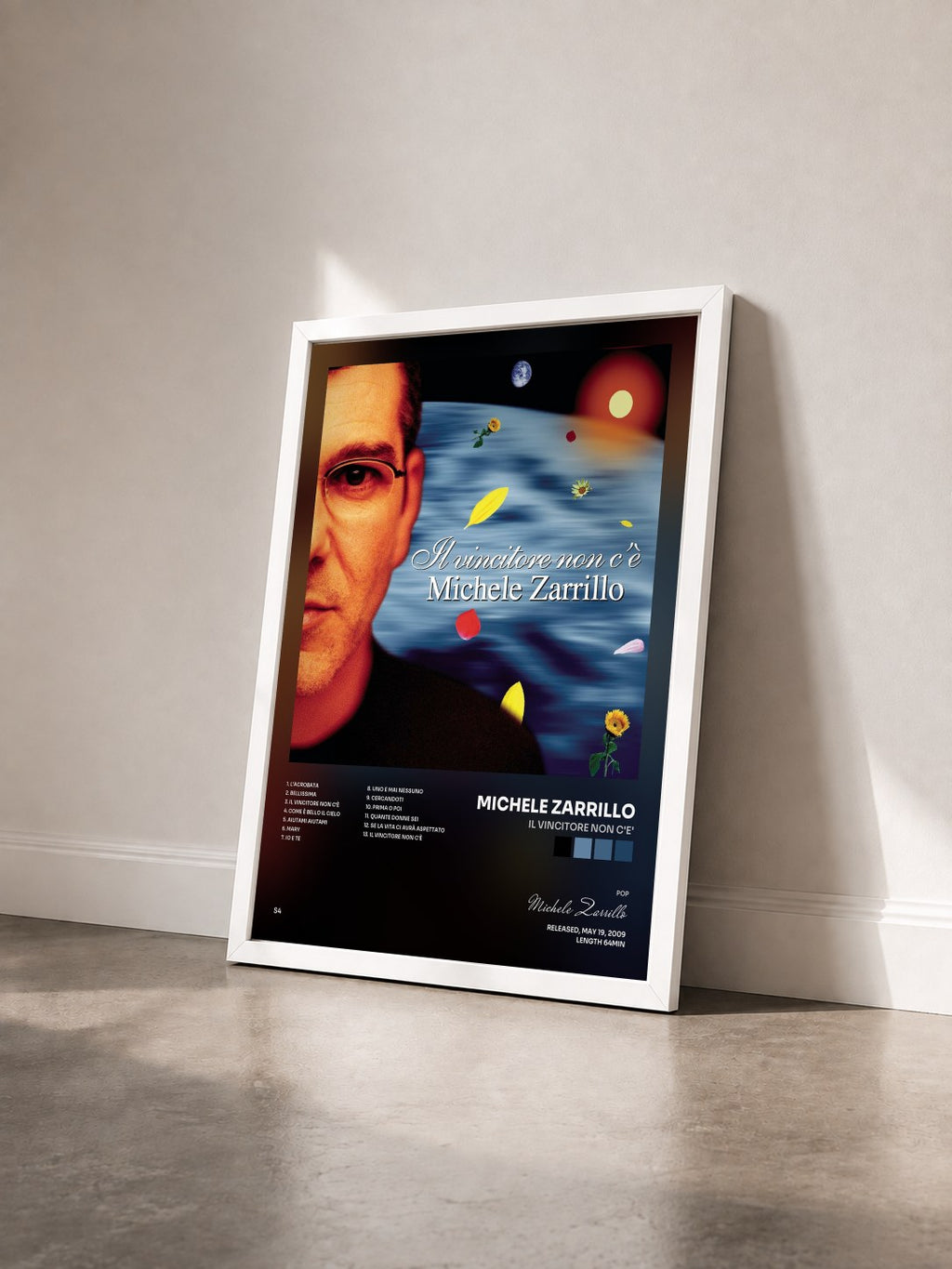 #blanc Tableau de l'album Il vincitore non C'E' de Michele Zarrillo vu de trois quarts, cadre blanc