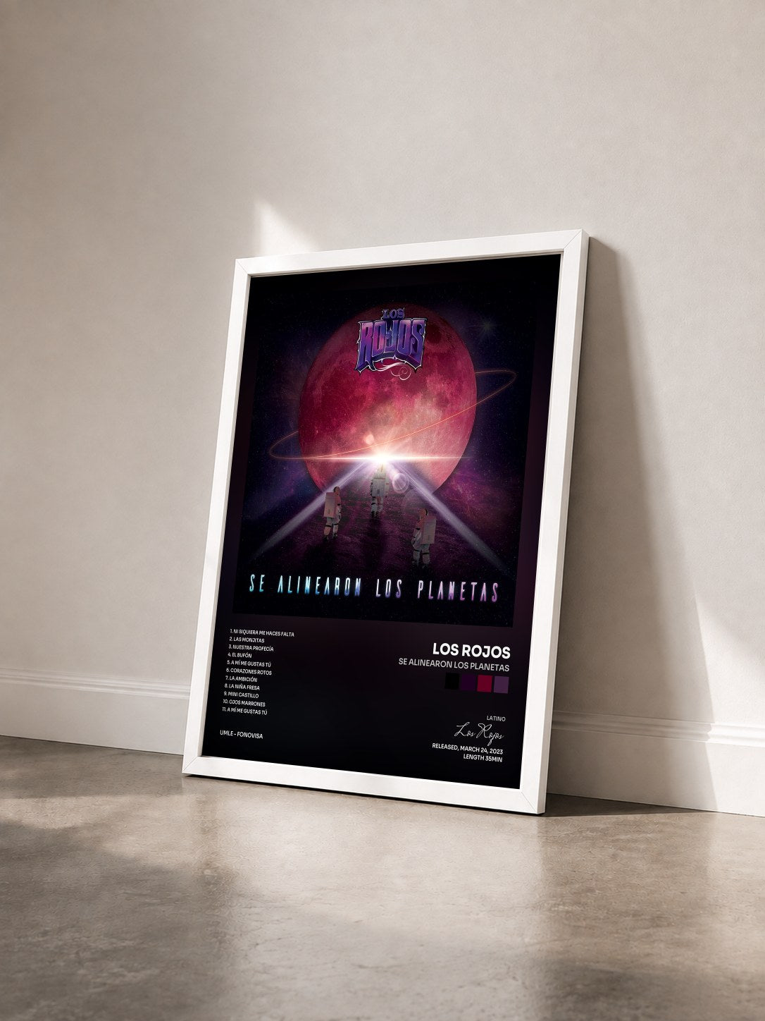 #blanc Tableau de l'album Se Alinearon Los Planetas de Los Rojos vu de trois quarts, cadre blanc