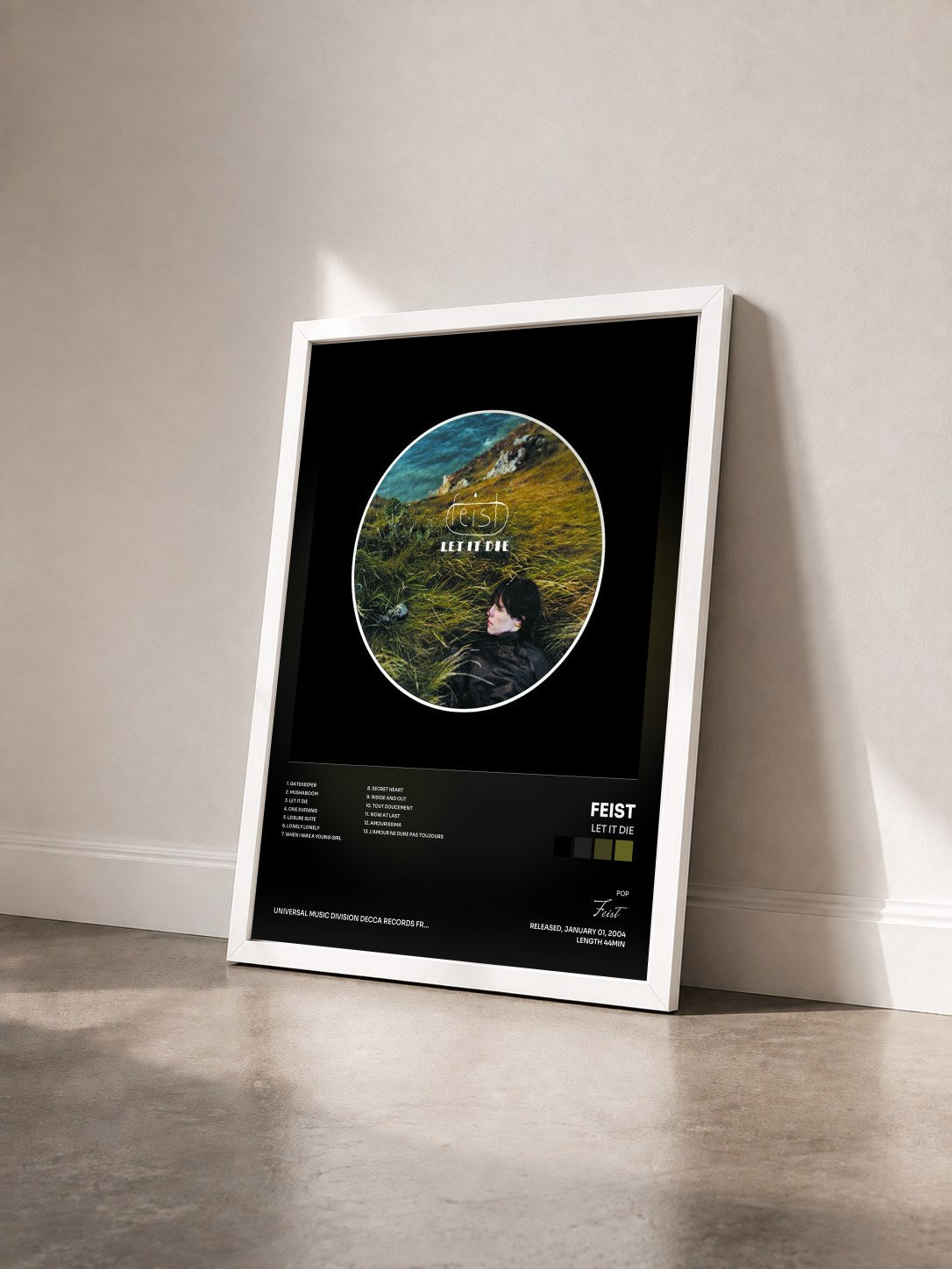 #blanc Tableau de l'album Let It Die de Feist vu de trois quarts, cadre blanc