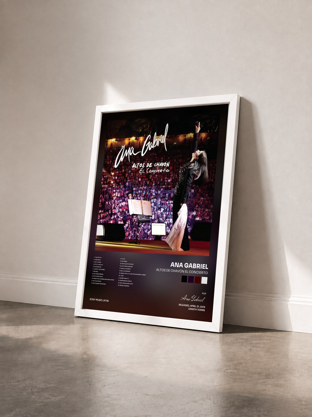 #blanc Tableau de l'album Altos De Chavón El Concierto de Ana Gabriel vu de trois quarts, cadre blanc