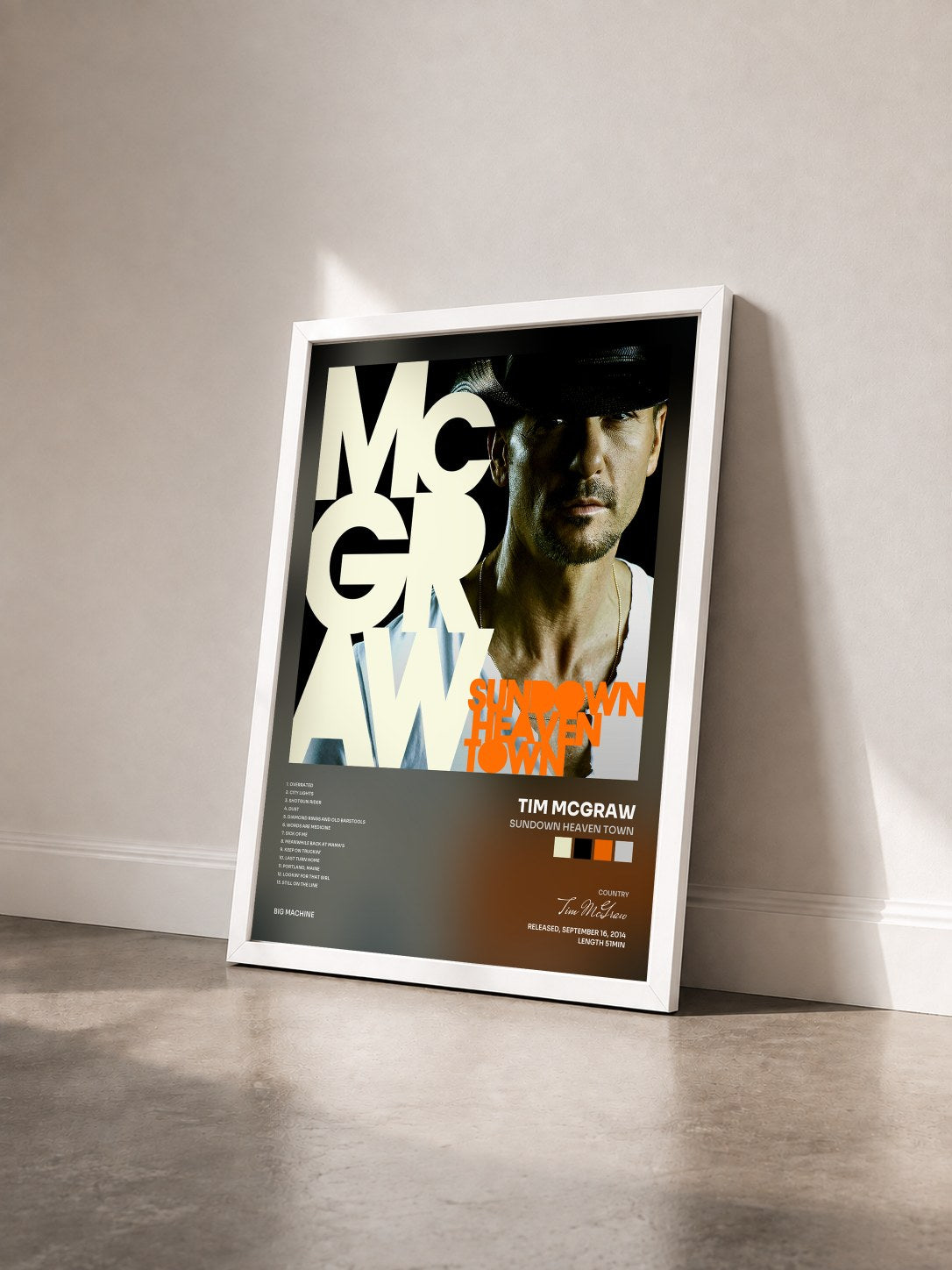 #blanc Tableau de l'album Sundown Heaven Town de Tim McGraw vu de trois quarts, cadre blanc