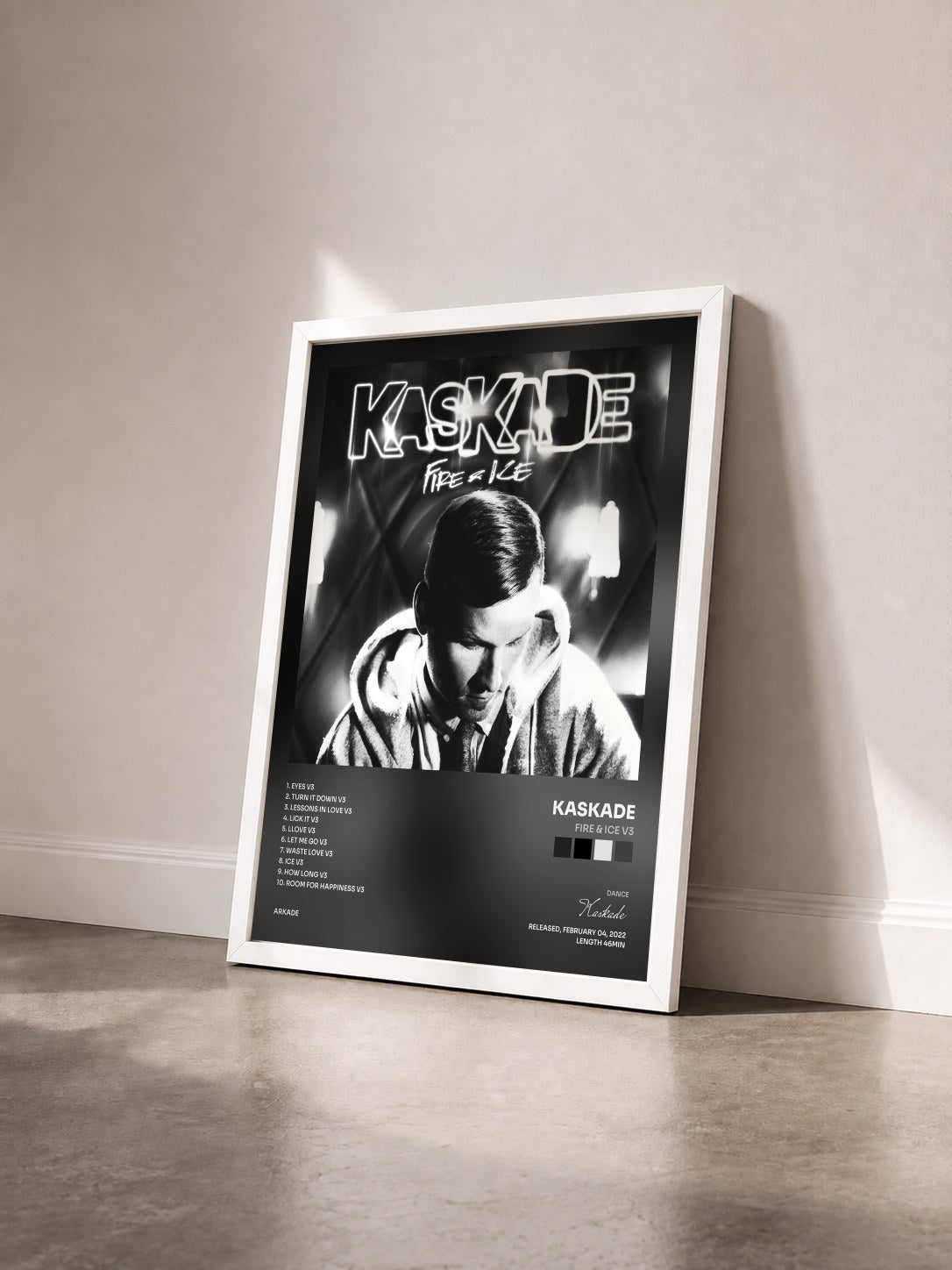 #blanc Tableau de l'album Fire & Ice v3 de Kaskade vu de trois quarts, cadre blanc