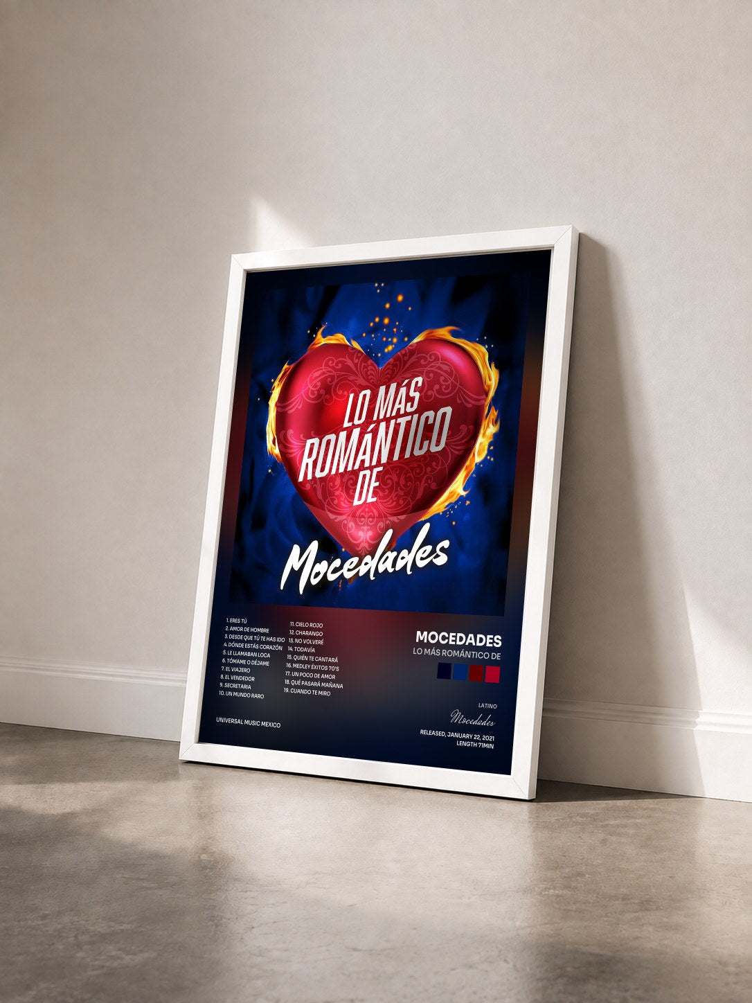 #blanc Tableau de l'album Lo Más Romántico De de Mocedades vu de trois quarts, cadre blanc