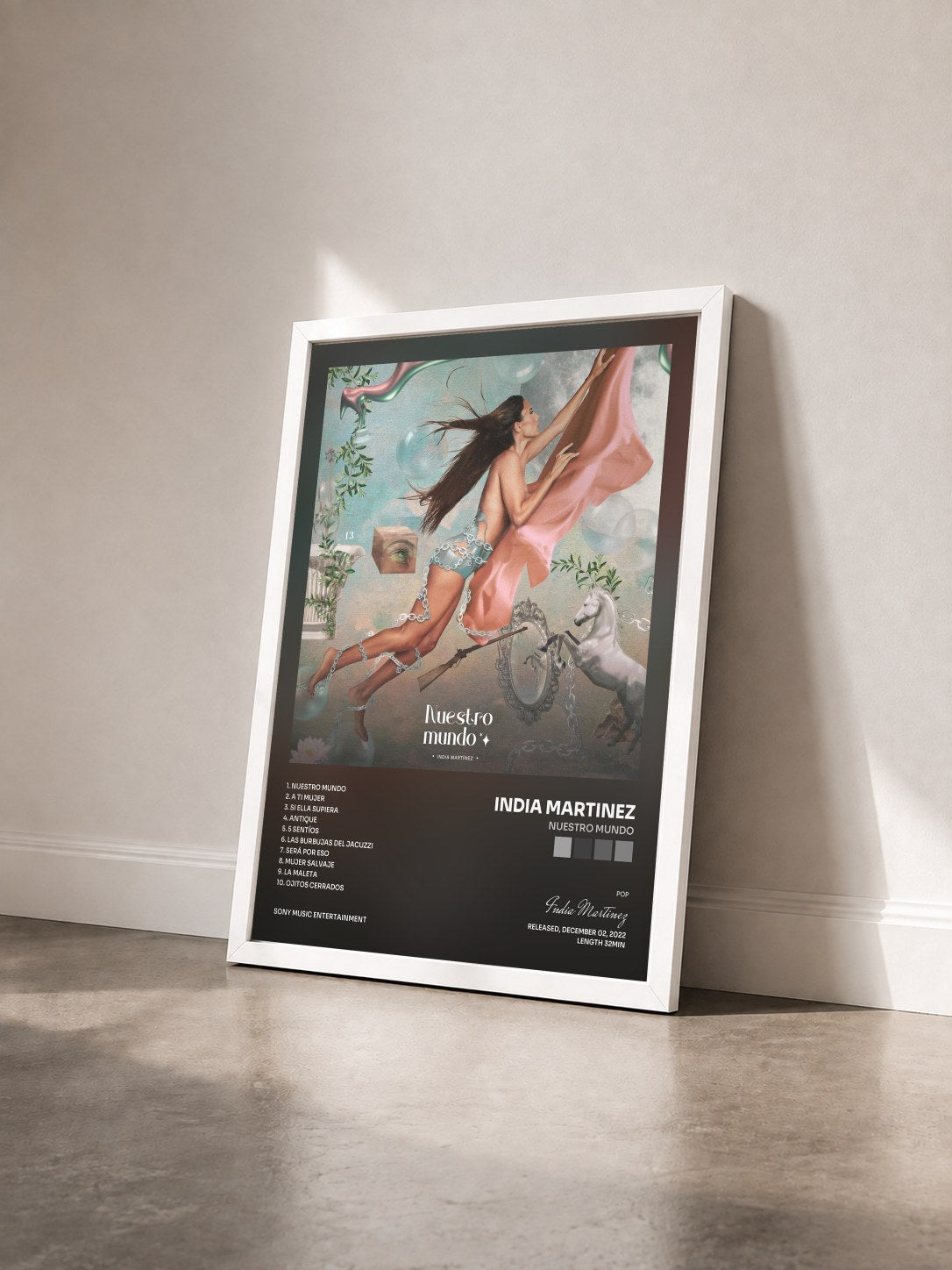 #blanc Tableau de l'album Nuestro Mundo de India Martinez vu de trois quarts, cadre blanc