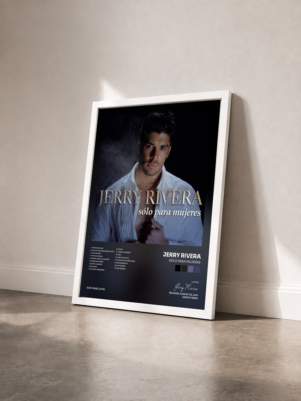 #blanc Tableau de l'album Sólo para Mujeres de Jerry Rivera vu de trois quarts, cadre blanc