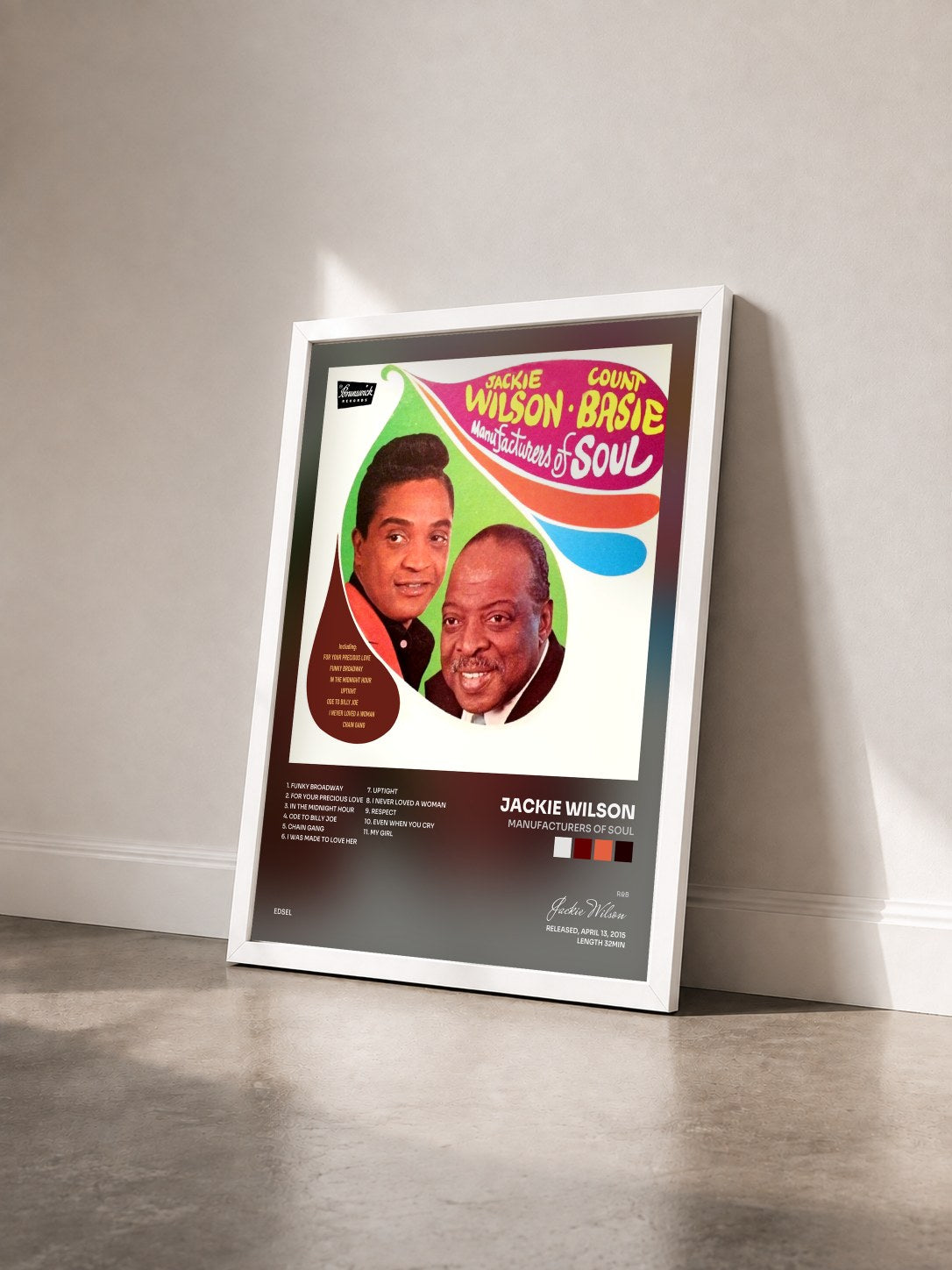 #blanc Tableau de l'album Manufacturers of Soul de Jackie Wilson vu de trois quarts, cadre blanc
