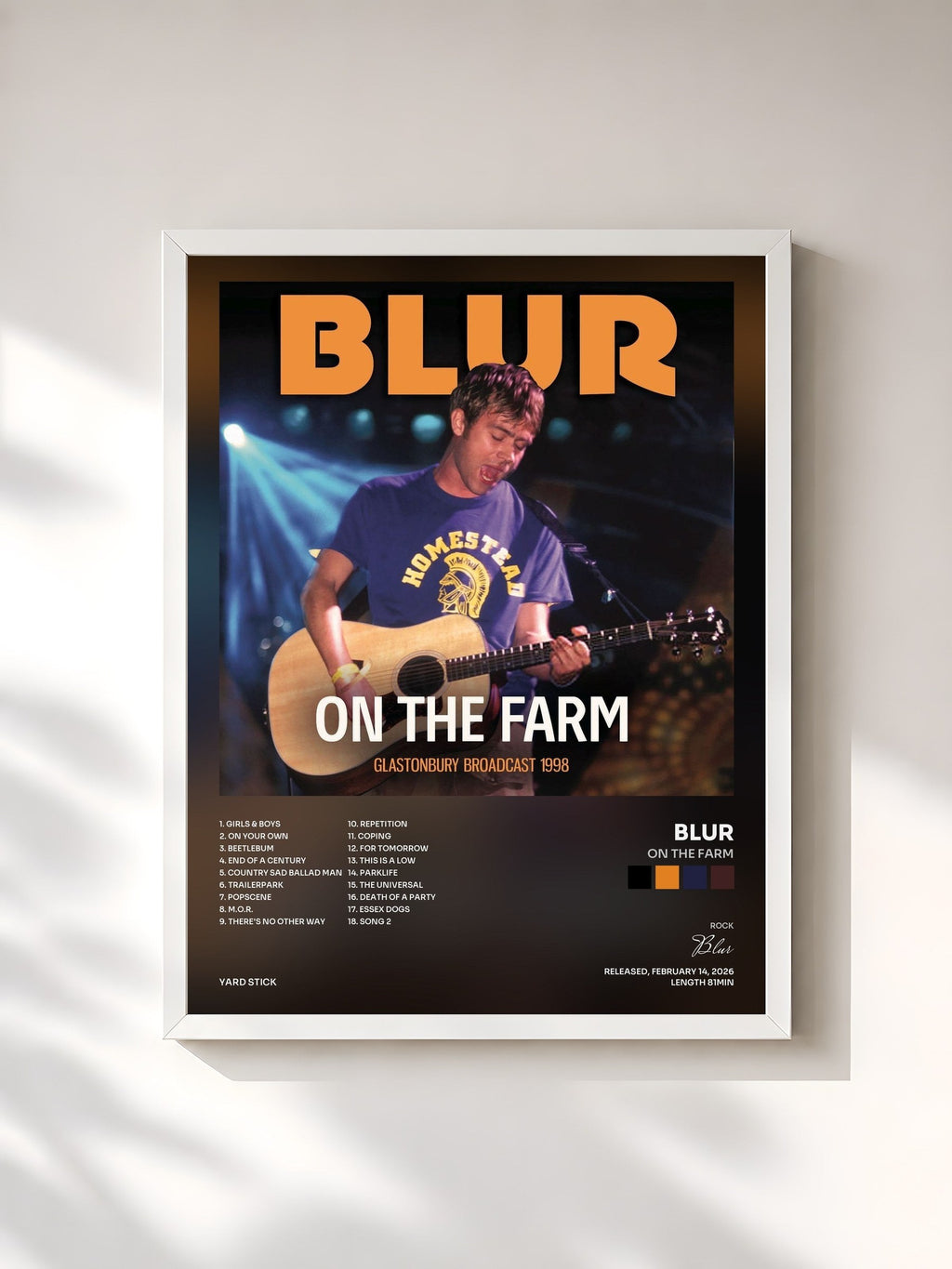 #blanc Tableau de l'album On The Farm de Blur, cadre blanc, imprimé et encadré en France