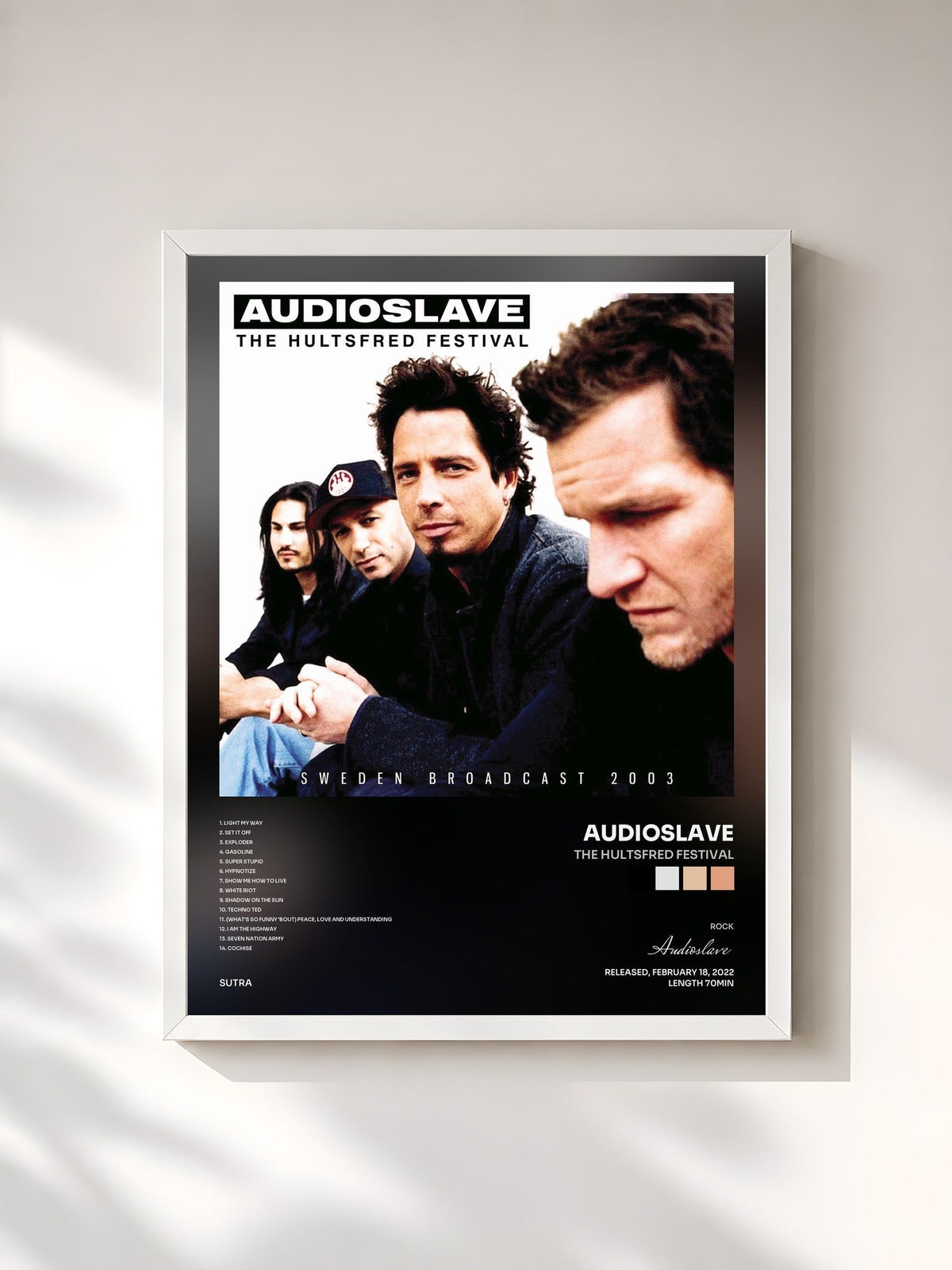 #blanc Tableau de l'album The Hultsfred Festival de Audioslave, cadre blanc, imprimé et encadré en France