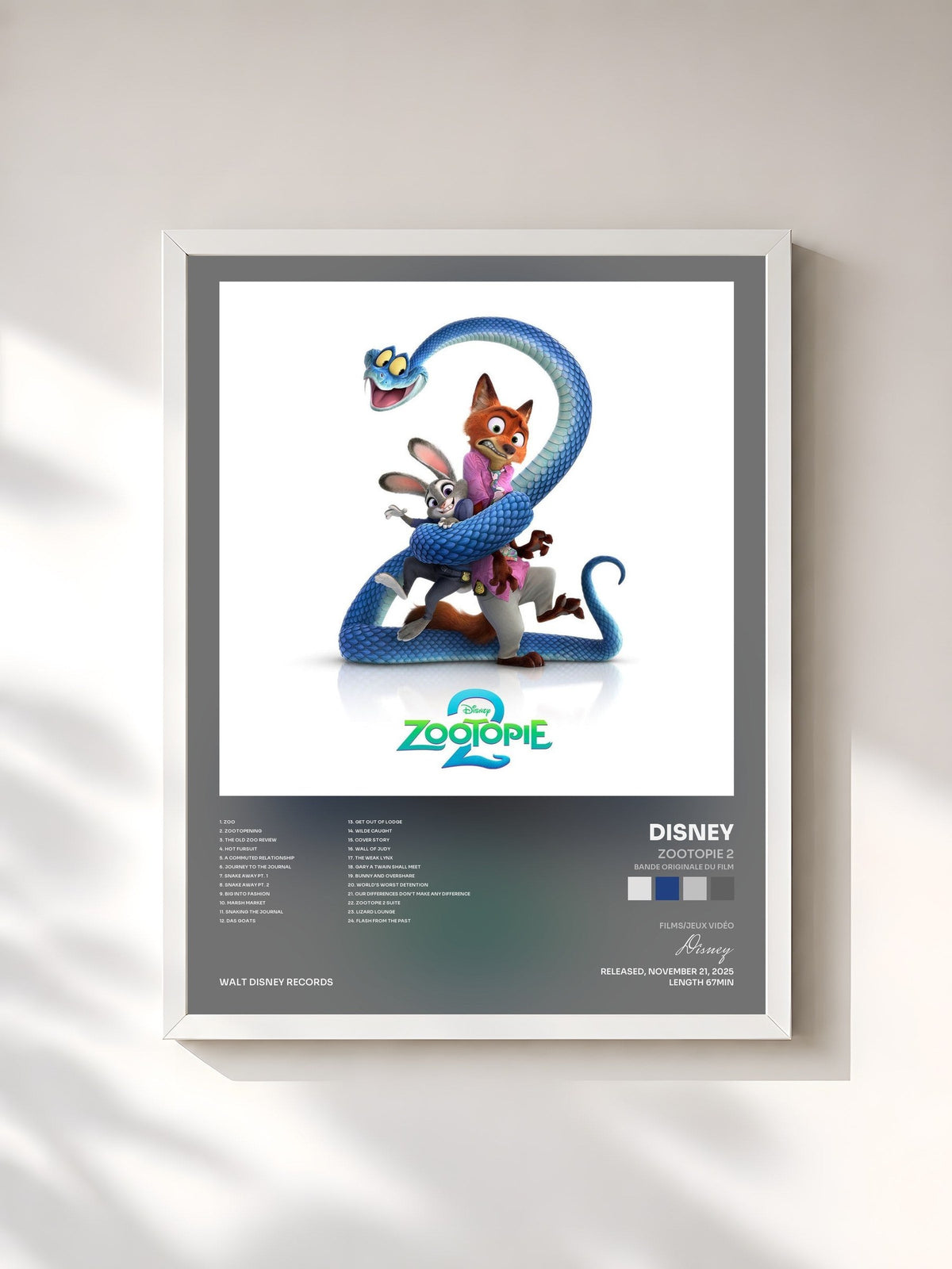 #blanc Tableau de l'album Zootopie 2 (Bande Originale du Film) de Disney, cadre blanc, imprimé et encadré en France