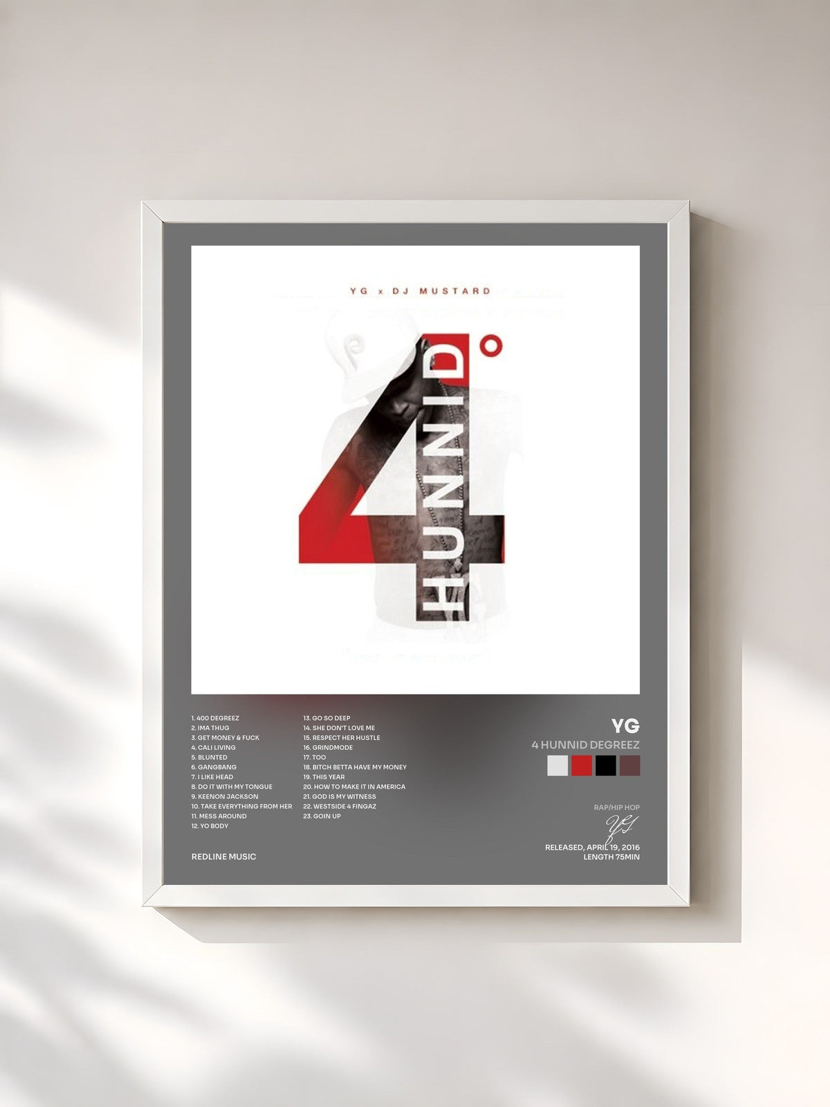 #blanc Tableau de l'album 4 Hunnid Degreez de YG, cadre blanc, imprimé et encadré en France