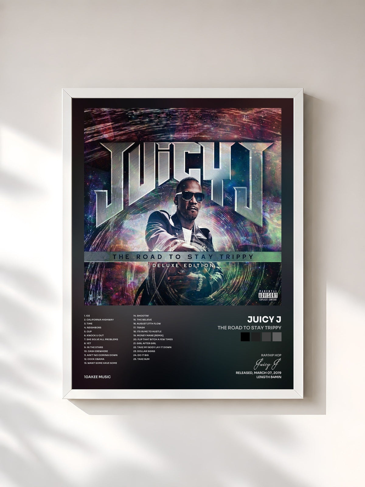 #blanc Tableau de l'album The Road To Stay Trippy de Juicy J, cadre blanc, imprimé et encadré en France