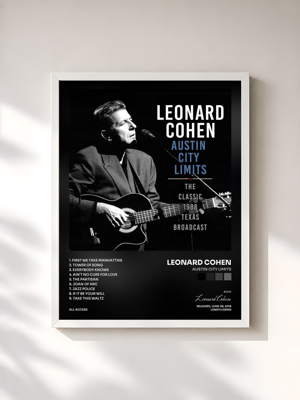 #blanc Tableau de l'album Austin City Limits de Leonard Cohen, cadre blanc, imprimé et encadré en France