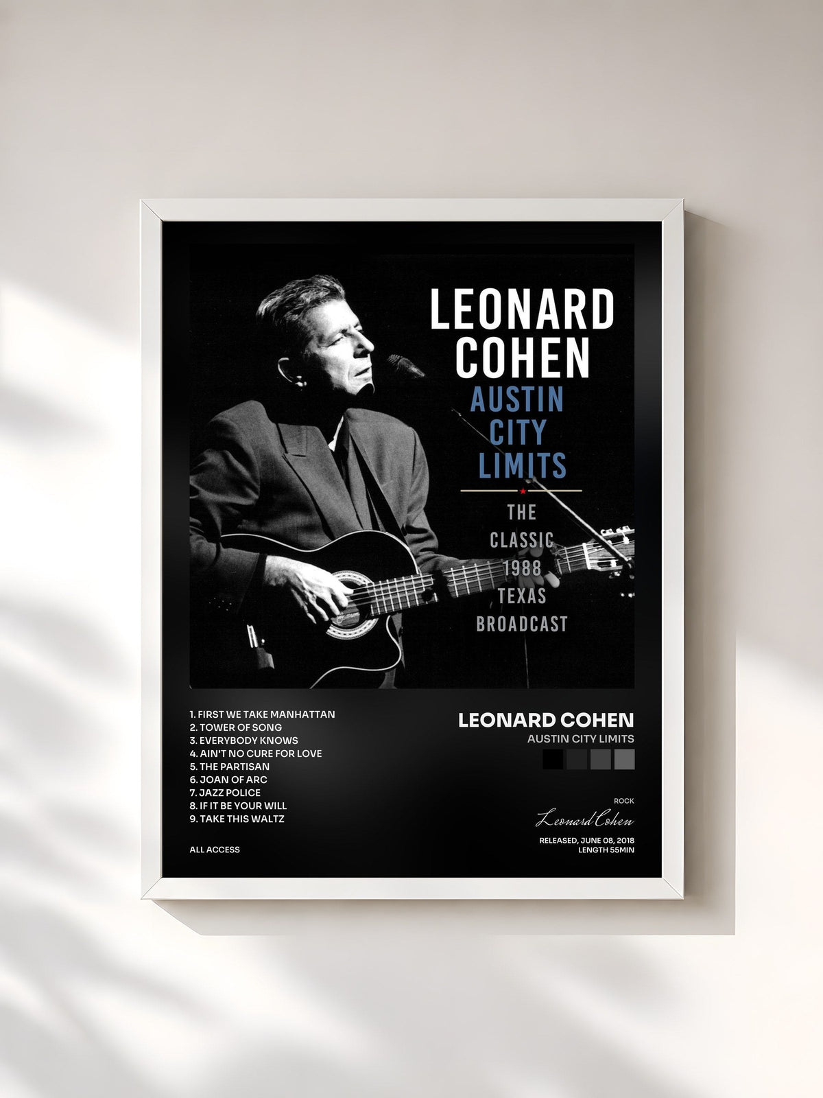 #blanc Tableau de l'album Austin City Limits de Leonard Cohen, cadre blanc, imprimé et encadré en France