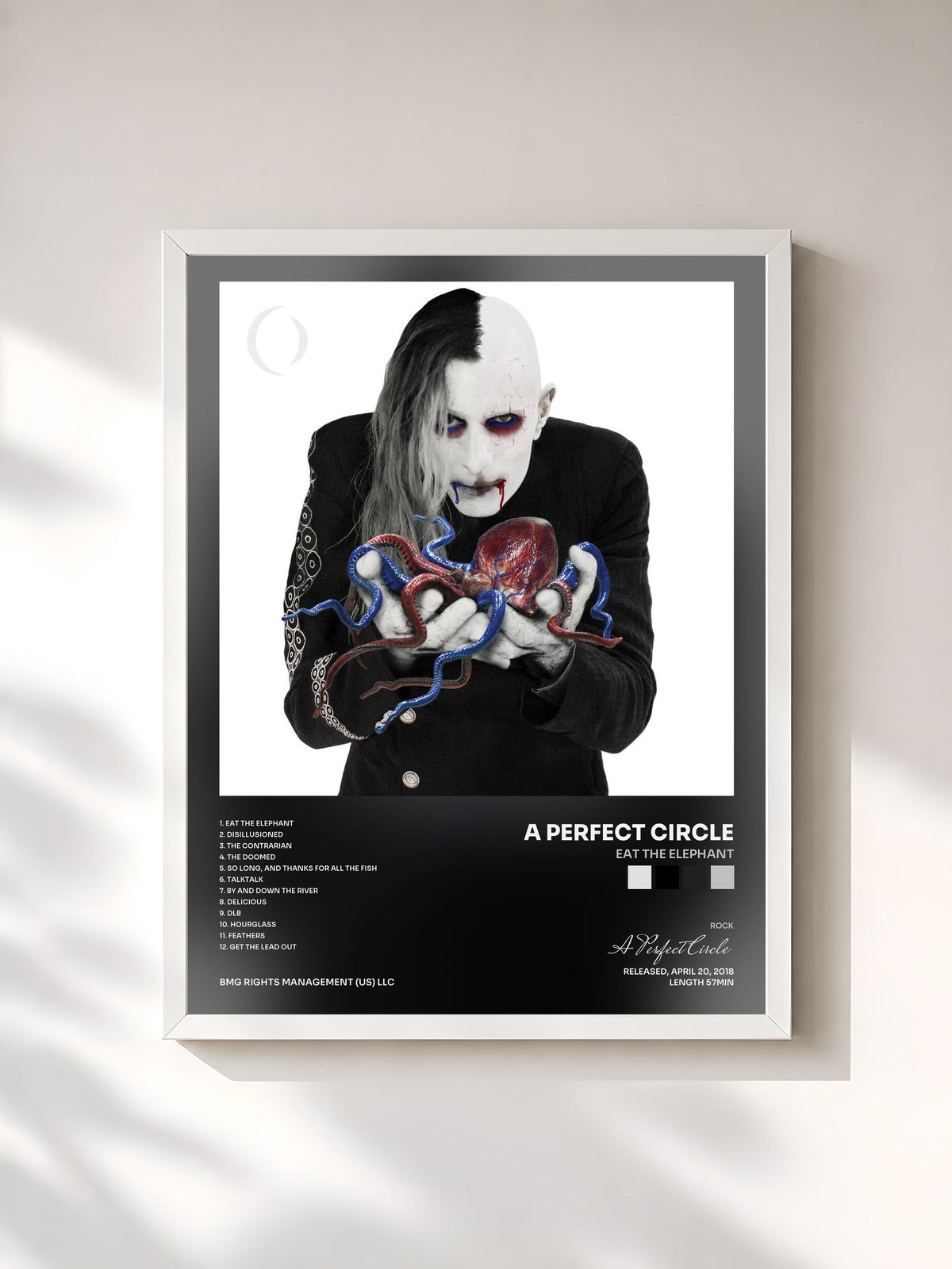 #blanc Tableau de l'album Eat The Elephant de A Perfect Circle, cadre blanc, imprimé et encadré en France