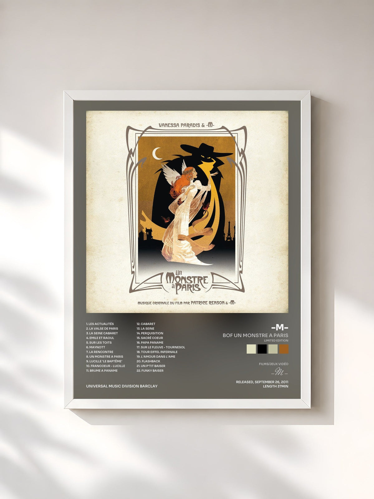 #blanc Tableau de l'album Un monstre à Paris (Bande originale du film) de -M-, cadre blanc, imprimé et encadré en France