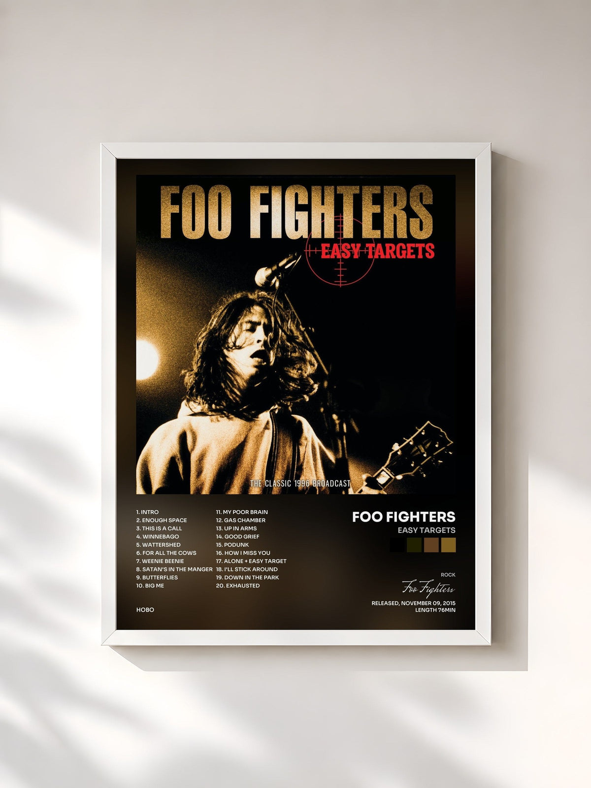 #blanc Tableau de l'album Easy Targets de Foo Fighters, cadre blanc, imprimé et encadré en France