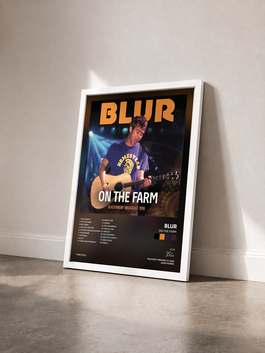 #blanc Tableau de l'album On The Farm de Blur vu de trois quarts, cadre blanc