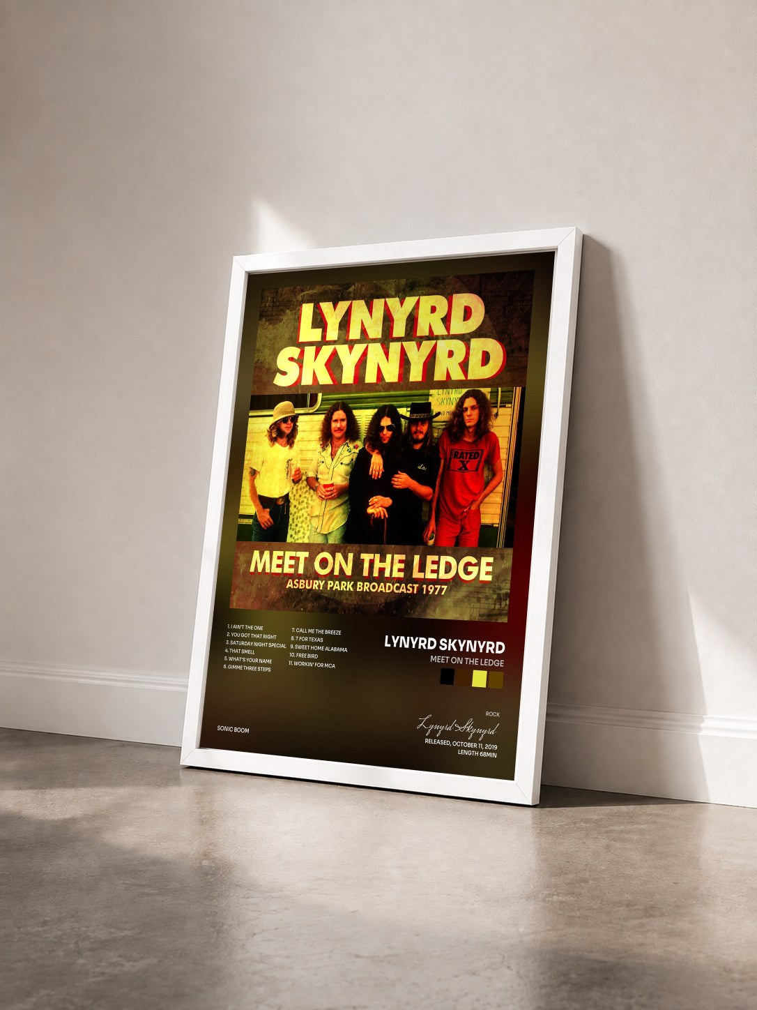#blanc Tableau de l'album Meet On The Ledge de Lynyrd Skynyrd vu de trois quarts, cadre blanc