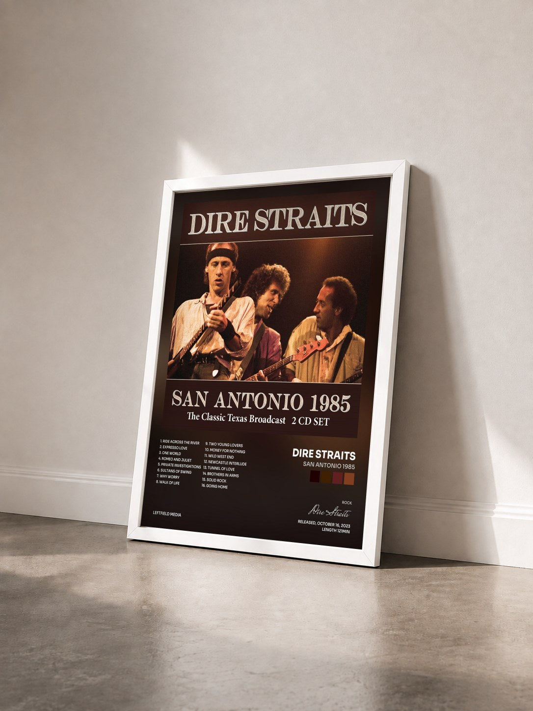 #blanc Tableau de l'album San Antonio 1985 de Dire Straits vu de trois quarts, cadre blanc
