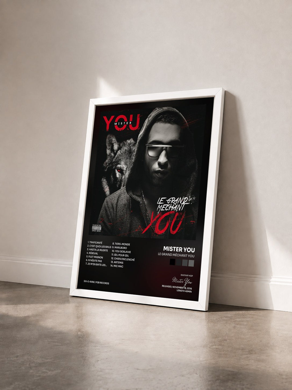 #blanc Tableau de l'album Le grand méchant You de Mister You vu de trois quarts, cadre blanc