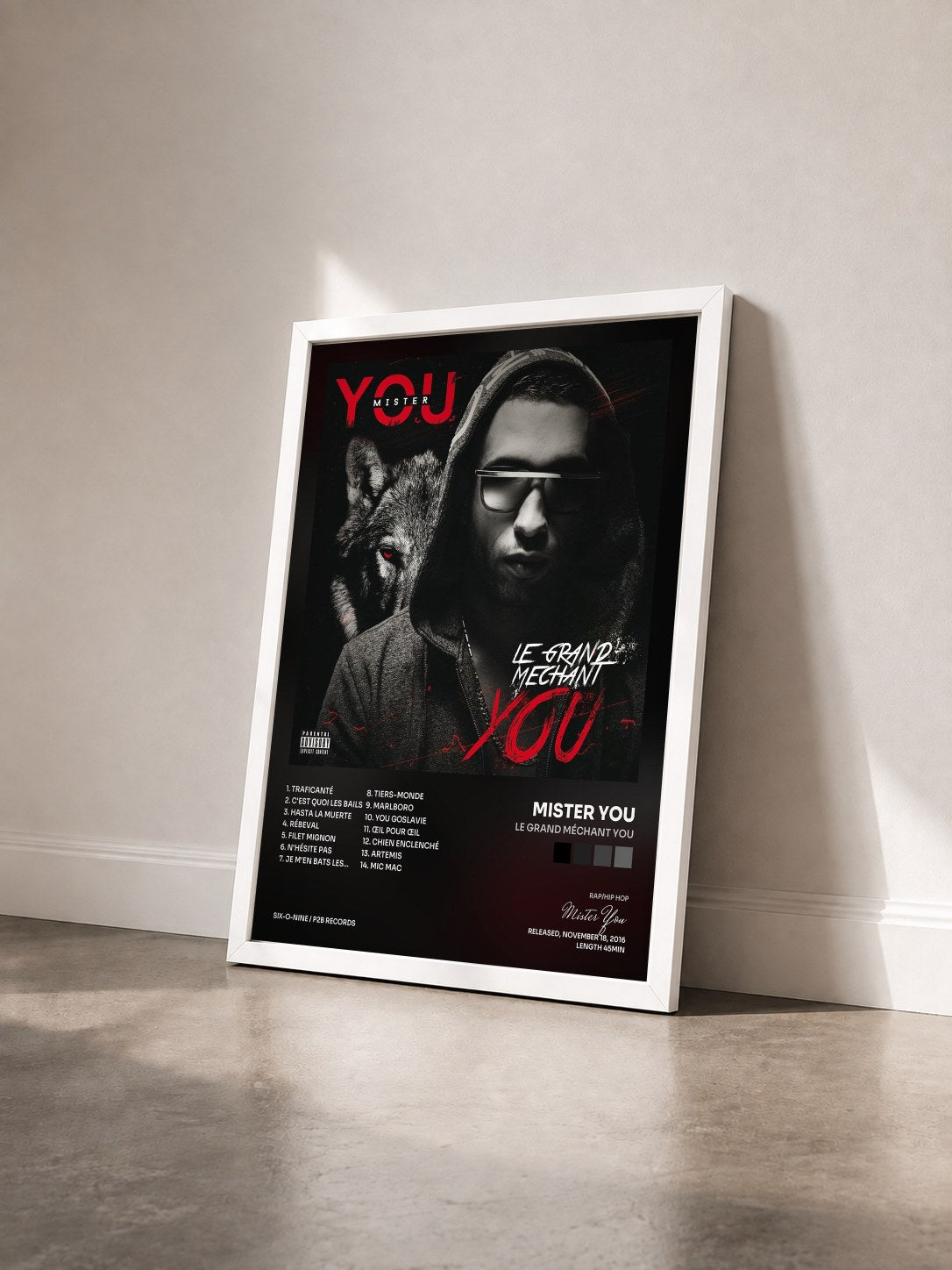 #blanc Tableau de l'album Le grand méchant You de Mister You vu de trois quarts, cadre blanc