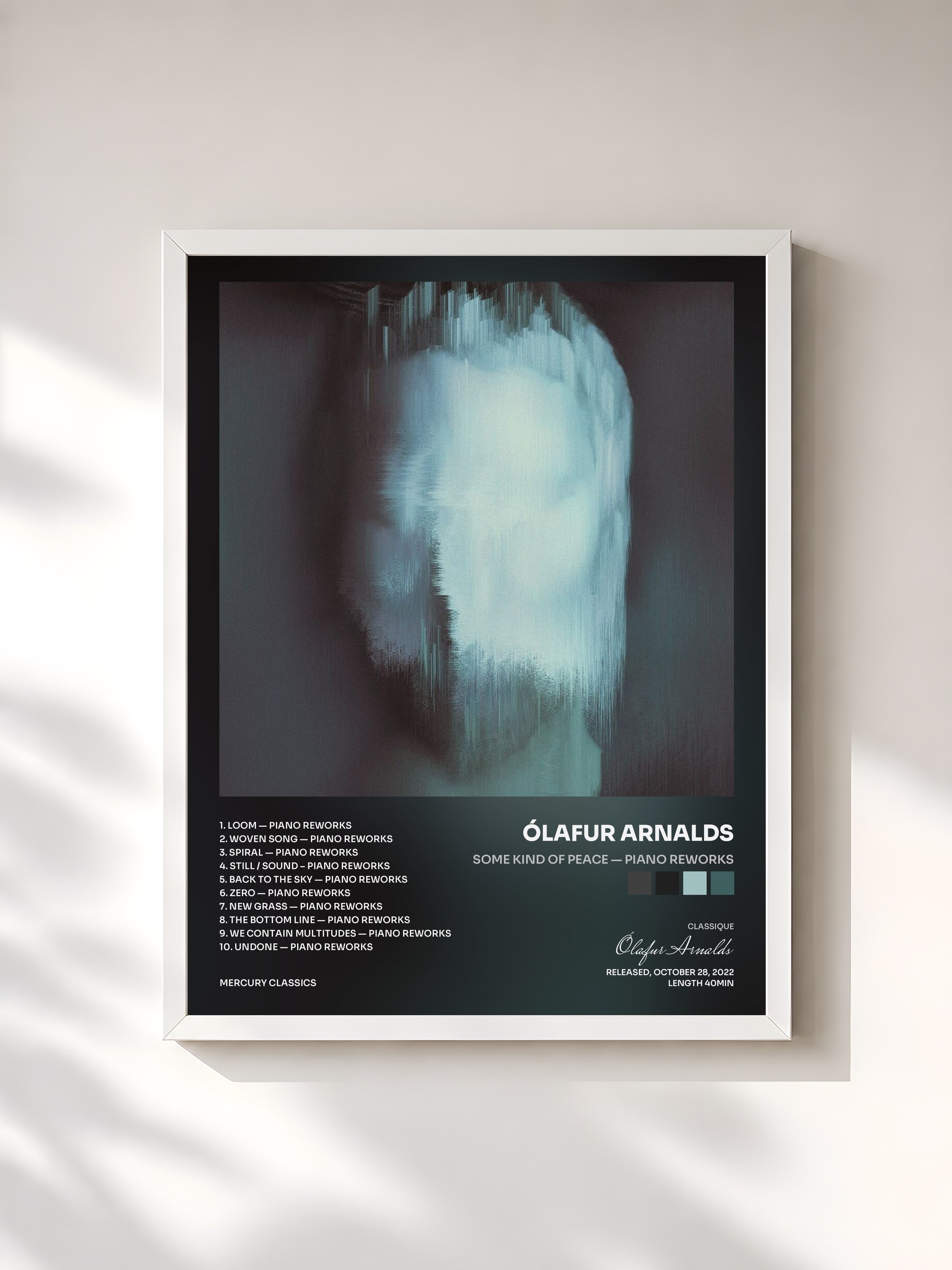 #blanc Tableau de l'album some kind of peace — piano reworks de Ólafur Arnalds, cadre blanc, imprimé et encadré en France