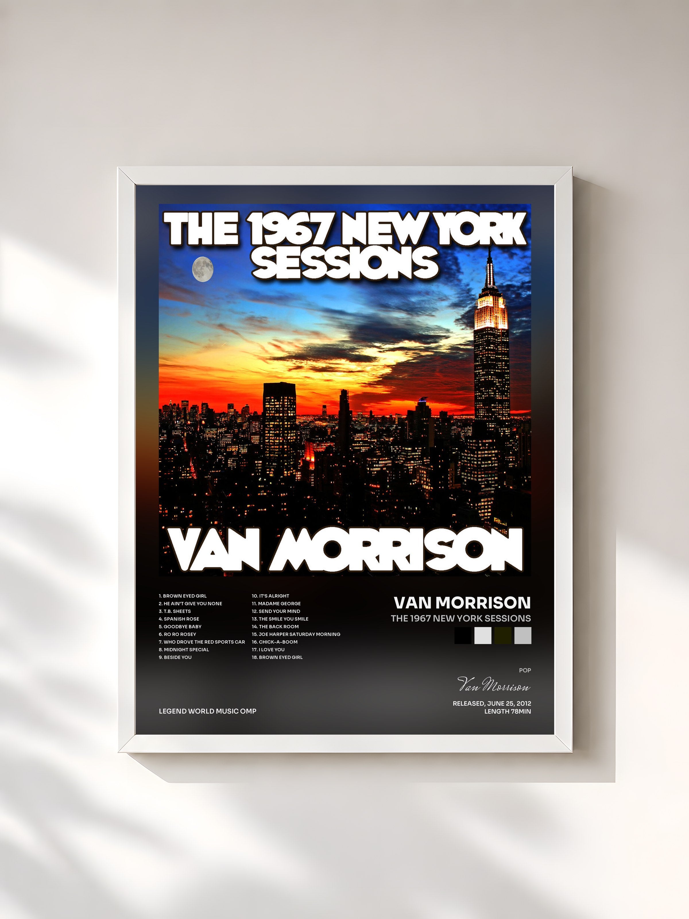 #blanc Tableau de l'album The 1967 New York Sessions de Van Morrison, cadre blanc, imprimé et encadré en France