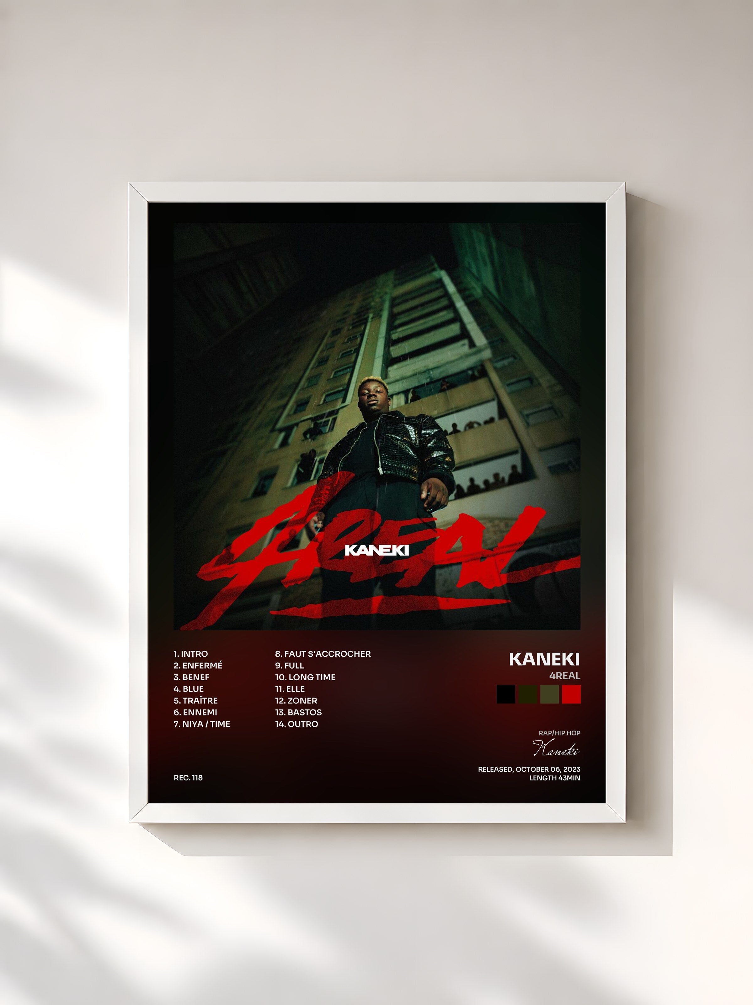 #blanc Tableau de l'album 4Real de Kaneki, cadre blanc, imprimé et encadré en France