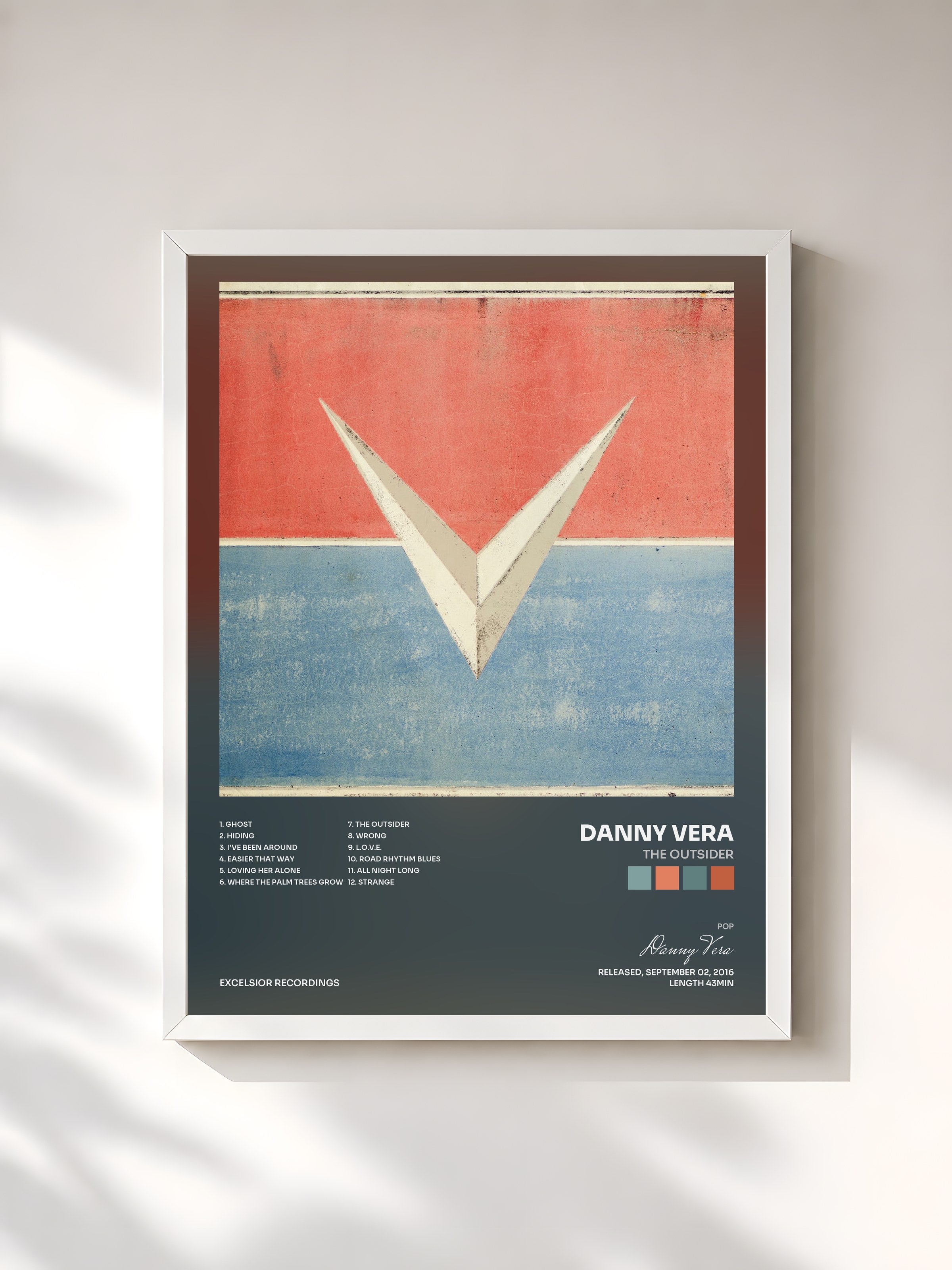 #blanc Tableau de l'album The Outsider de Danny Vera, cadre blanc, imprimé et encadré en France