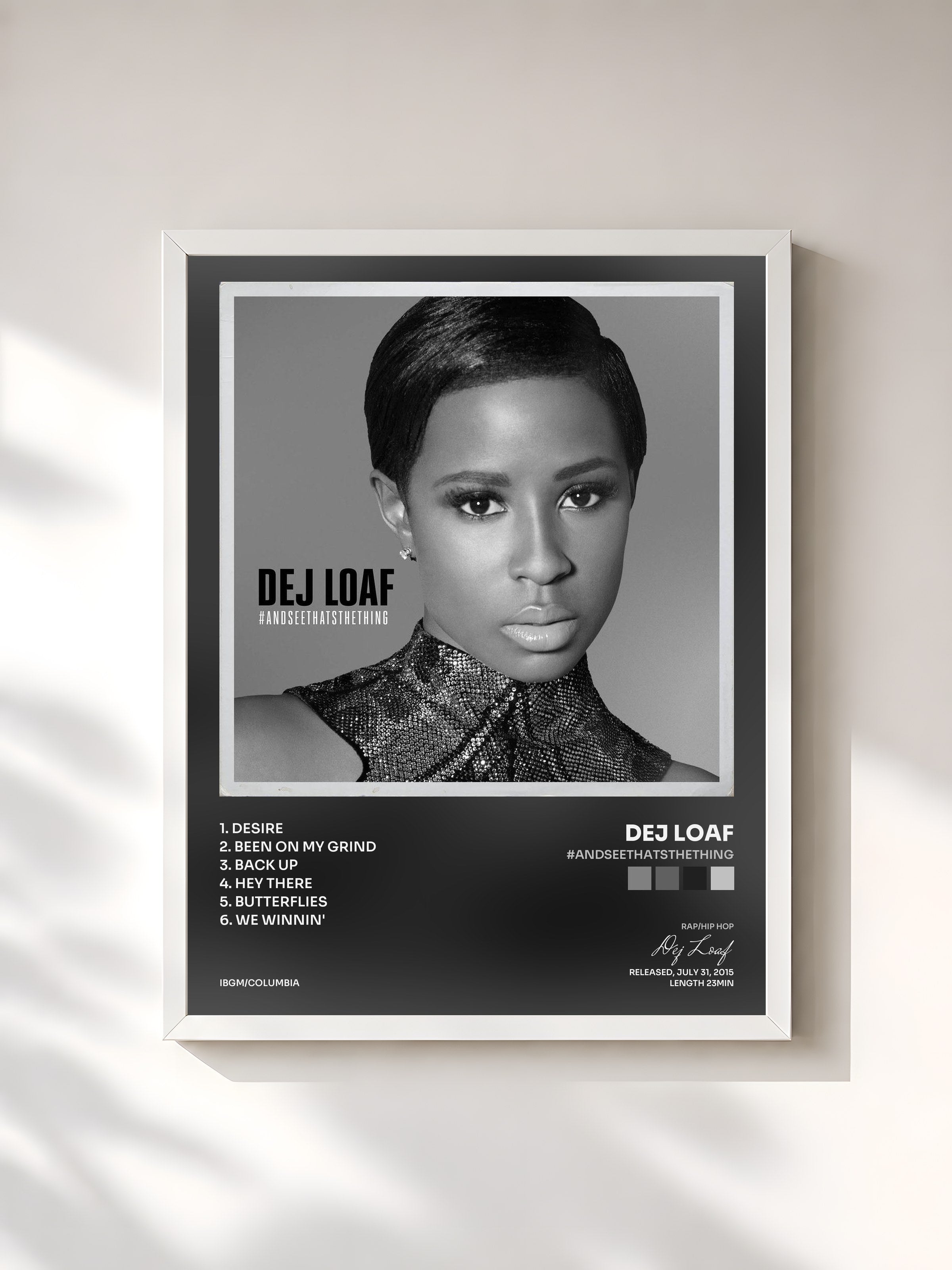 #blanc Tableau de l'album #AndSeeThatsTheThing de Dej Loaf, cadre blanc, imprimé et encadré en France