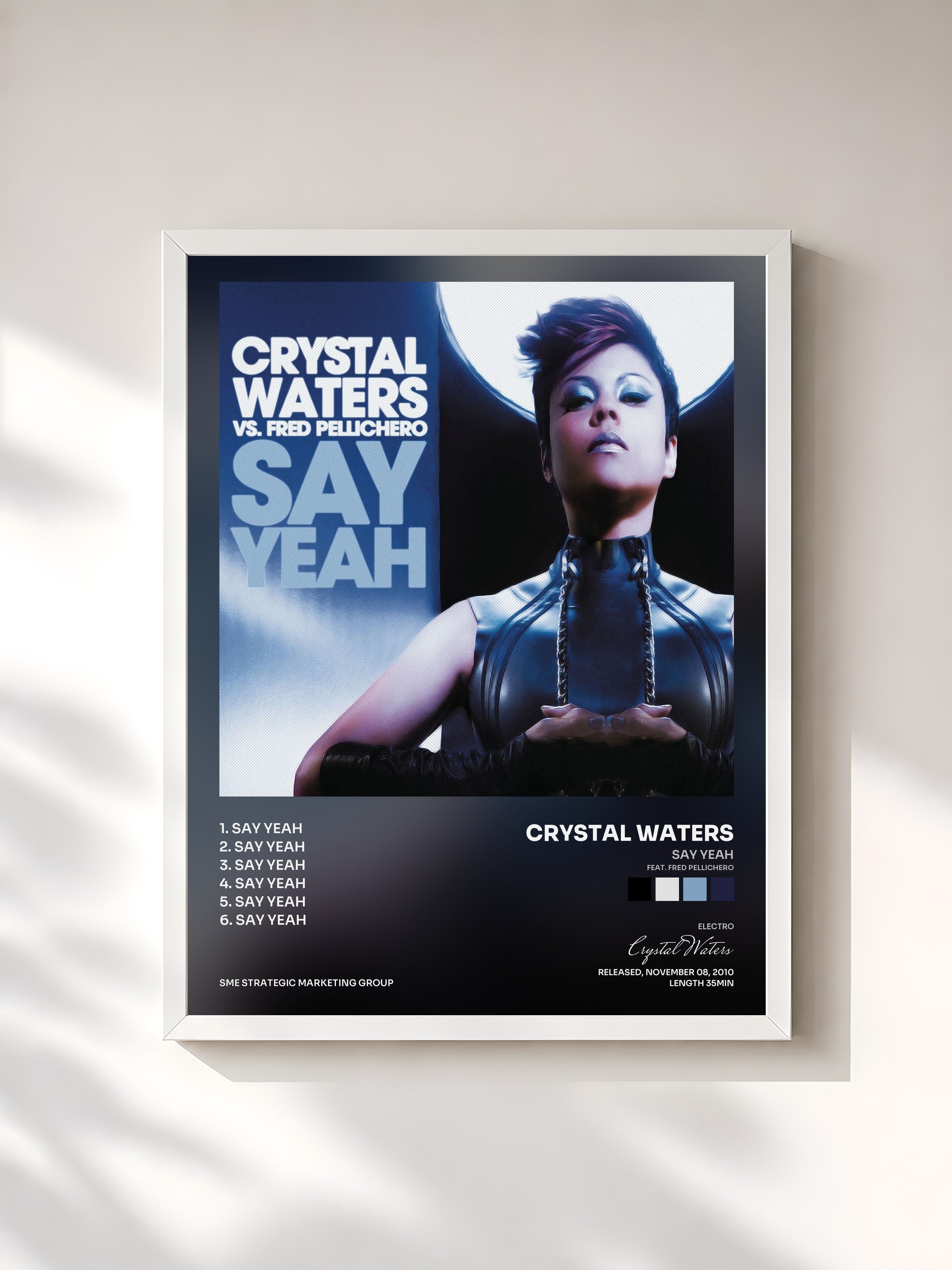 #blanc Tableau de l'album Say Yeah (feat. Fred Pellichero) de Crystal Waters, cadre blanc, imprimé et encadré en France