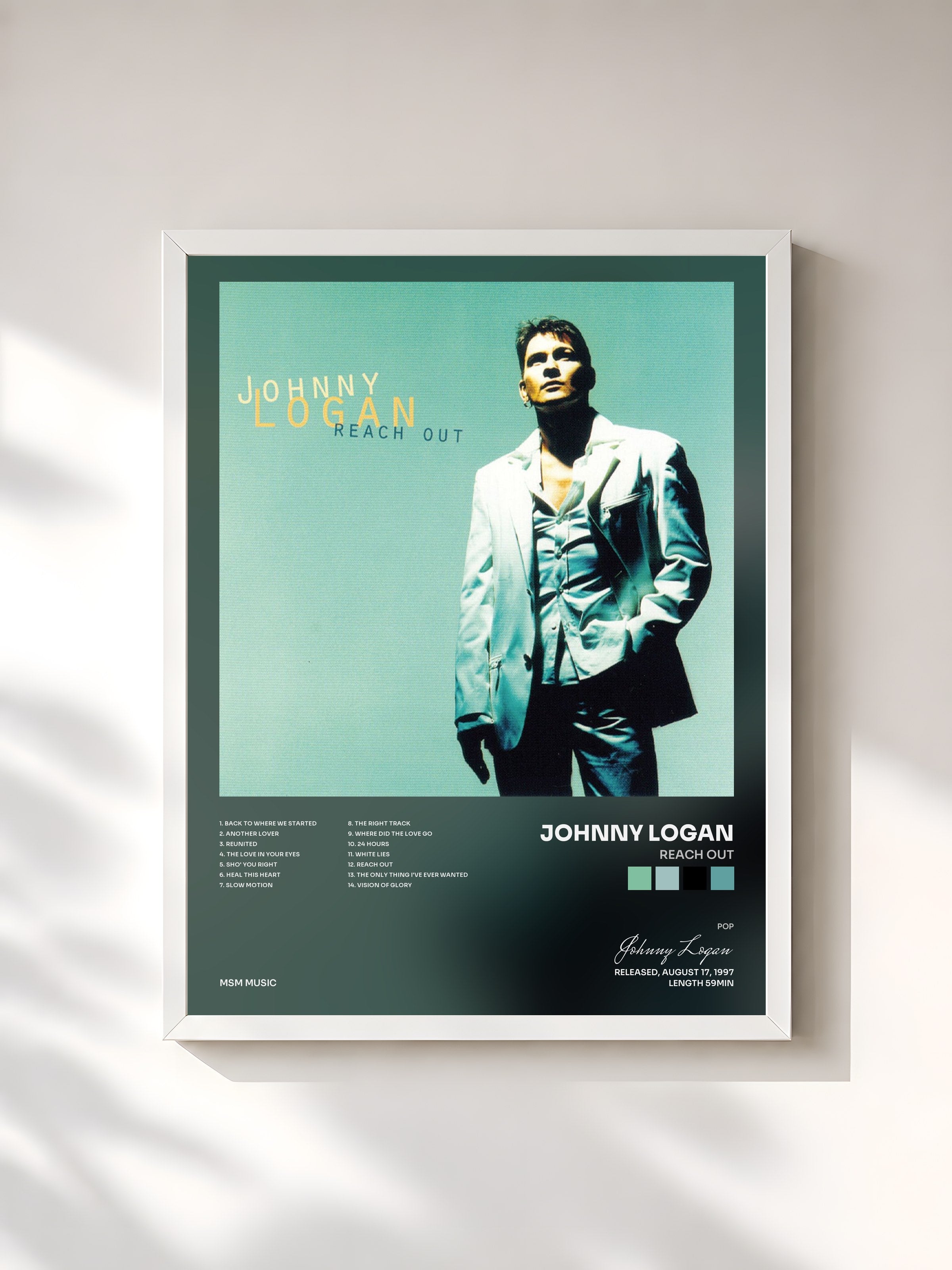#blanc Tableau de l'album Reach Out de Johnny Logan, cadre blanc, imprimé et encadré en France