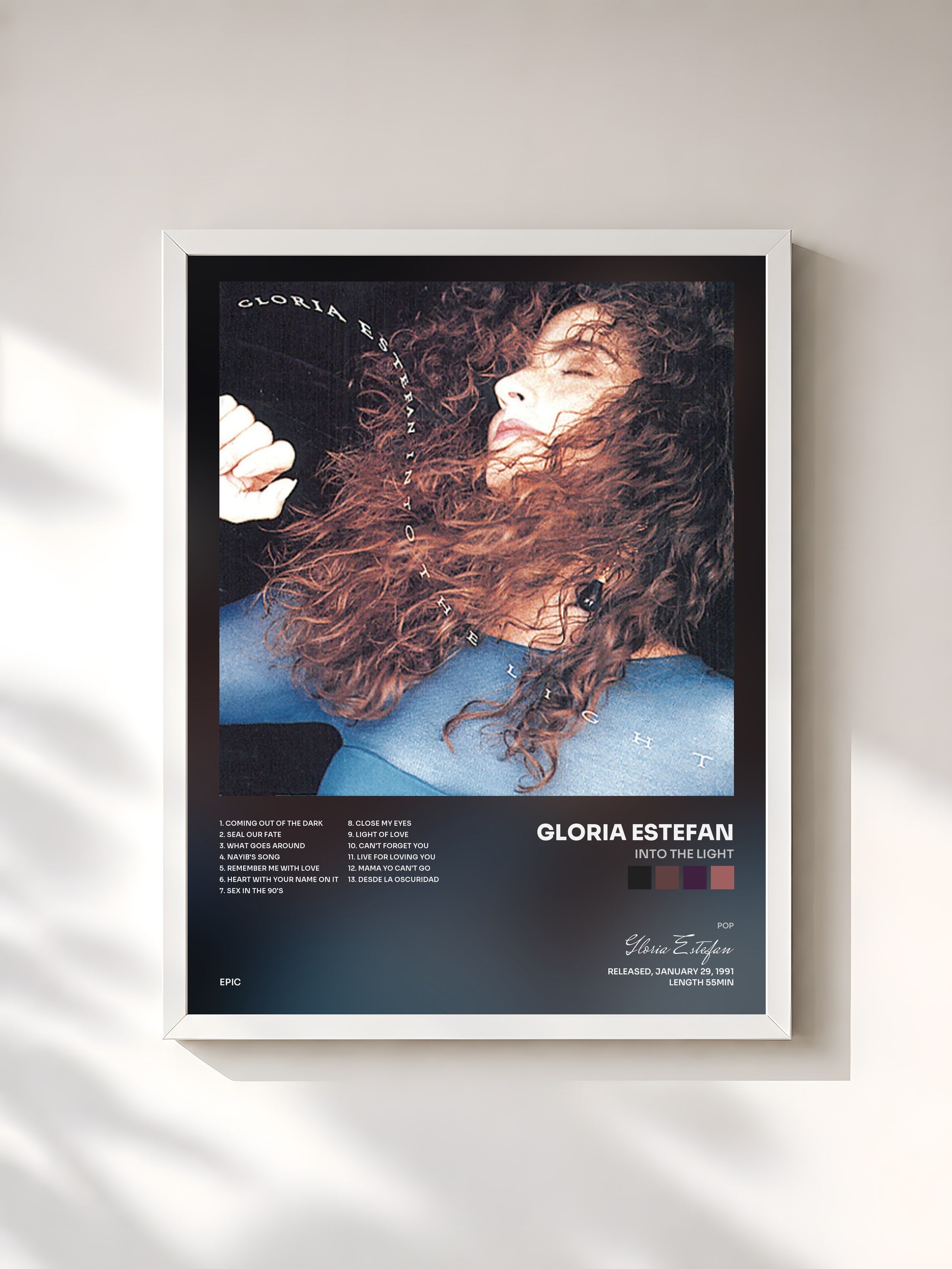 #blanc Tableau de l'album Into The Light de Gloria Estefan, cadre blanc, imprimé et encadré en France