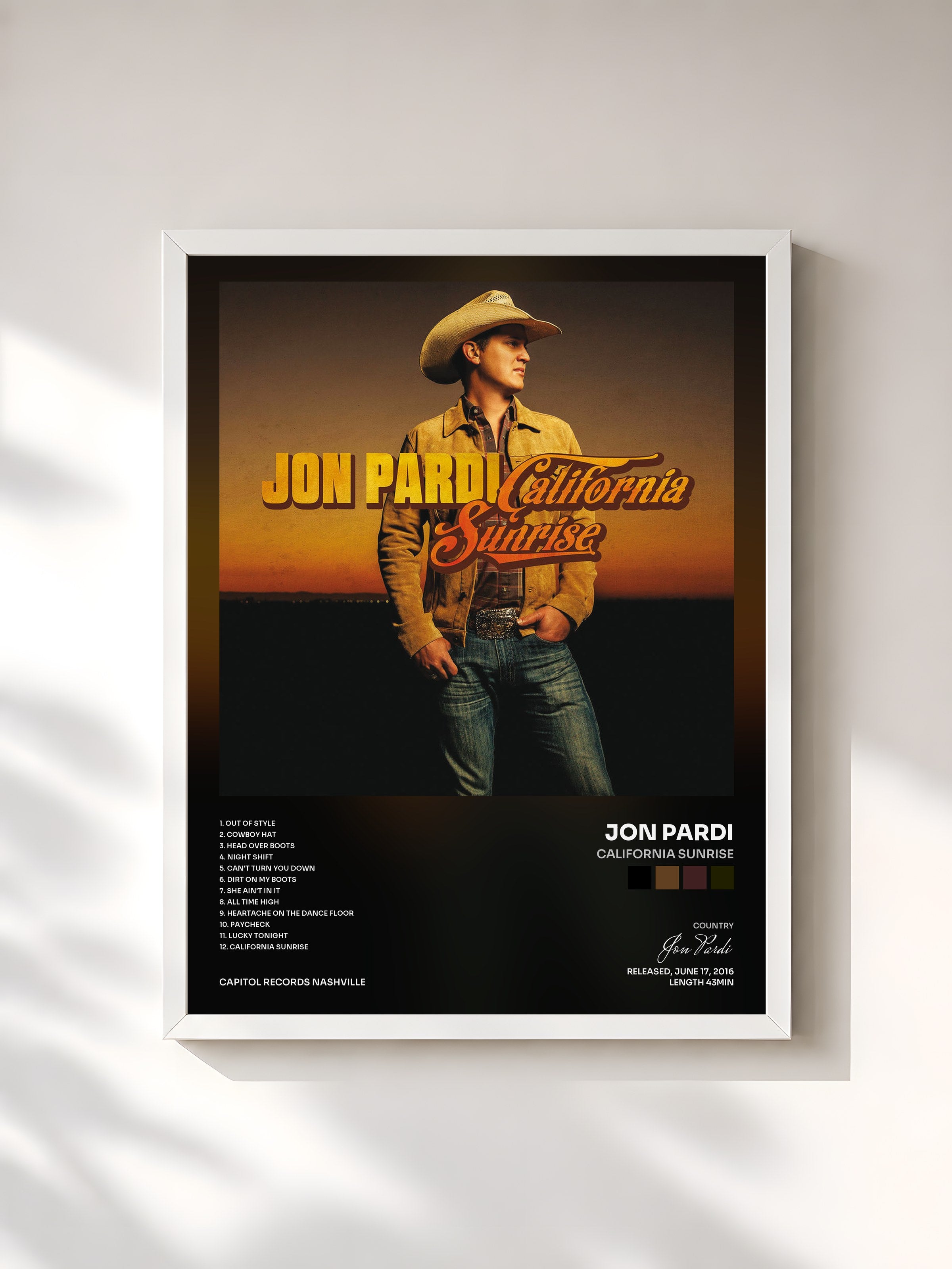 #blanc Tableau de l'album California Sunrise de Jon Pardi, cadre blanc, imprimé et encadré en France