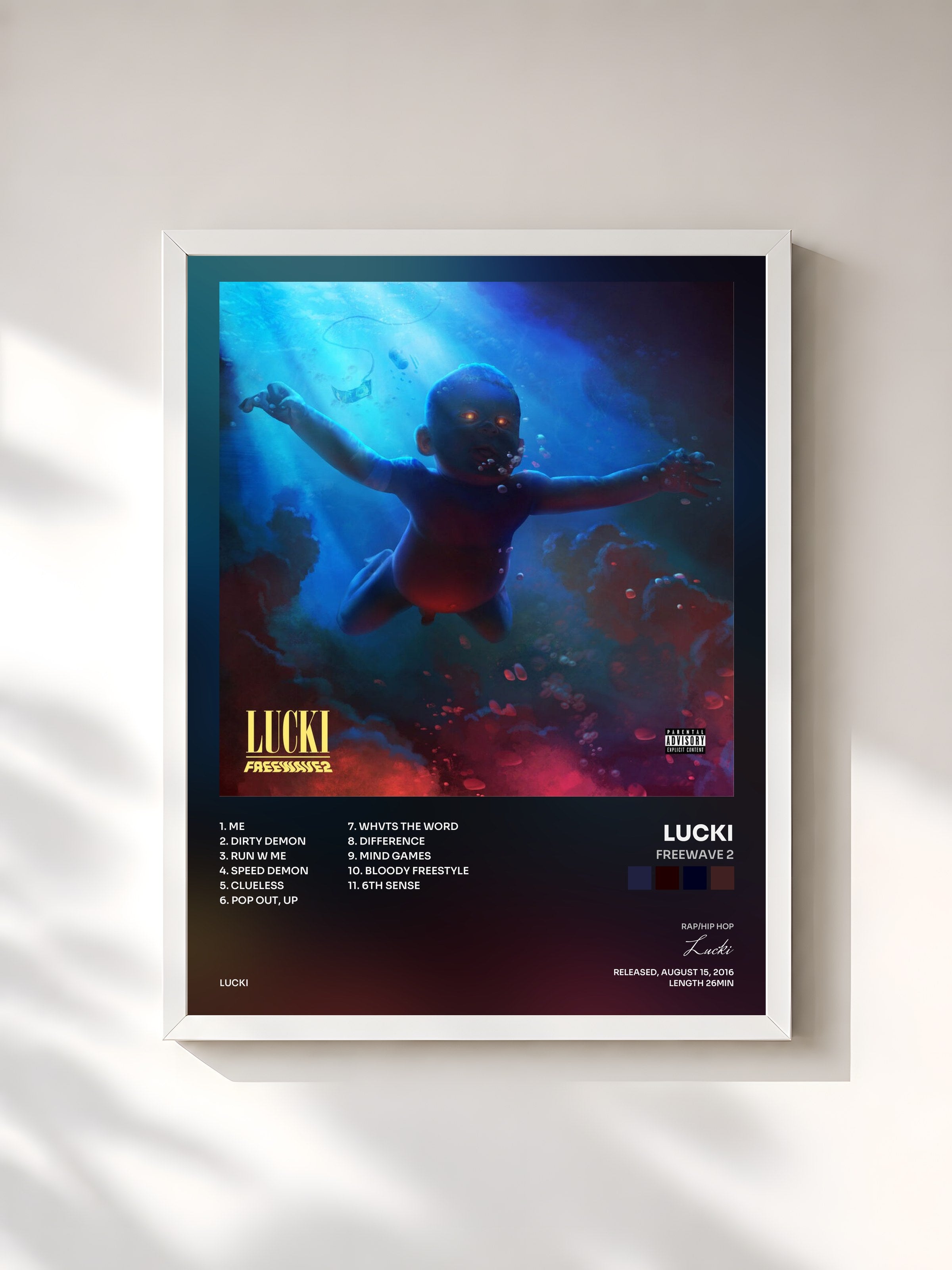 #blanc Tableau de l'album Freewave 2 de Lucki, cadre blanc, imprimé et encadré en France