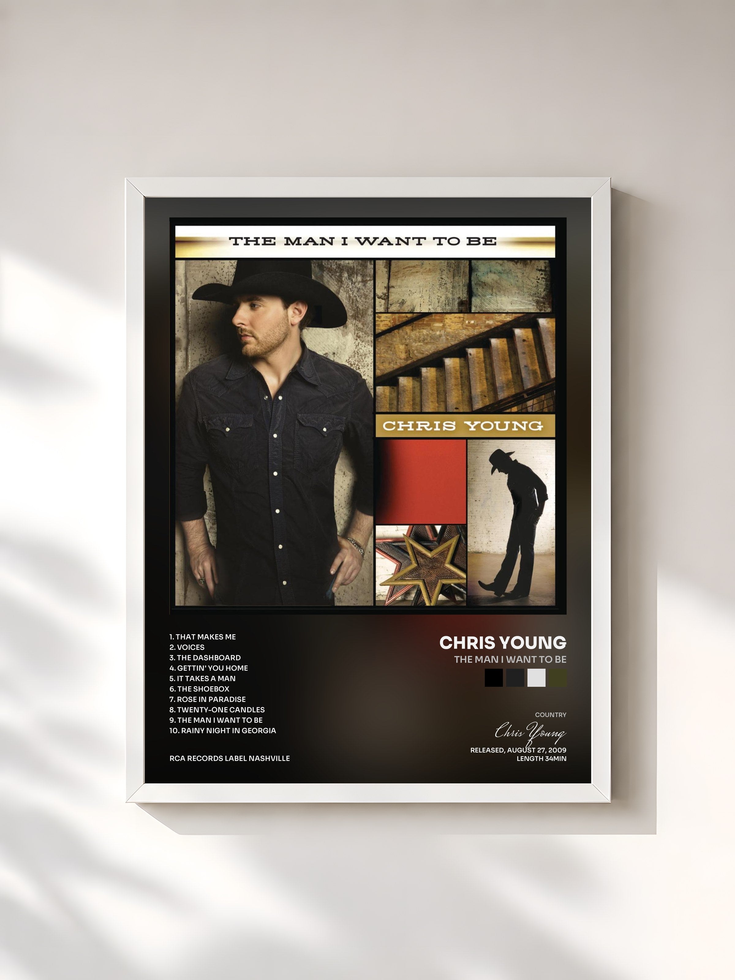 #blanc Tableau de l'album The Man I Want To Be de Chris Young, cadre blanc, imprimé et encadré en France